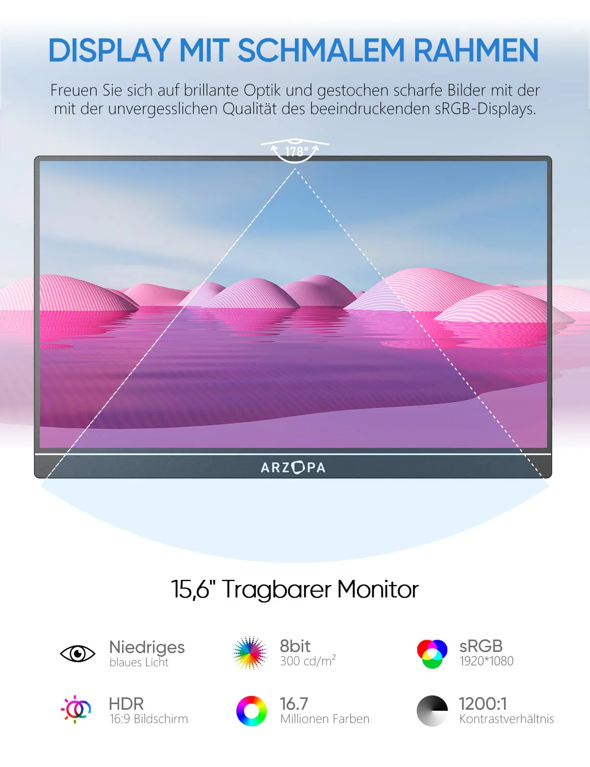 ARZOPA 16.0" 2.5k Portable Monitor, 2560x1600 HDR Display, 500nits 8bit QHD, USB-C HDMI Tragbarer Monitor für Laptop, 16:10 IPS, Unipolar Support für Mac PC PS4/5 Xbox Switch - Image 8