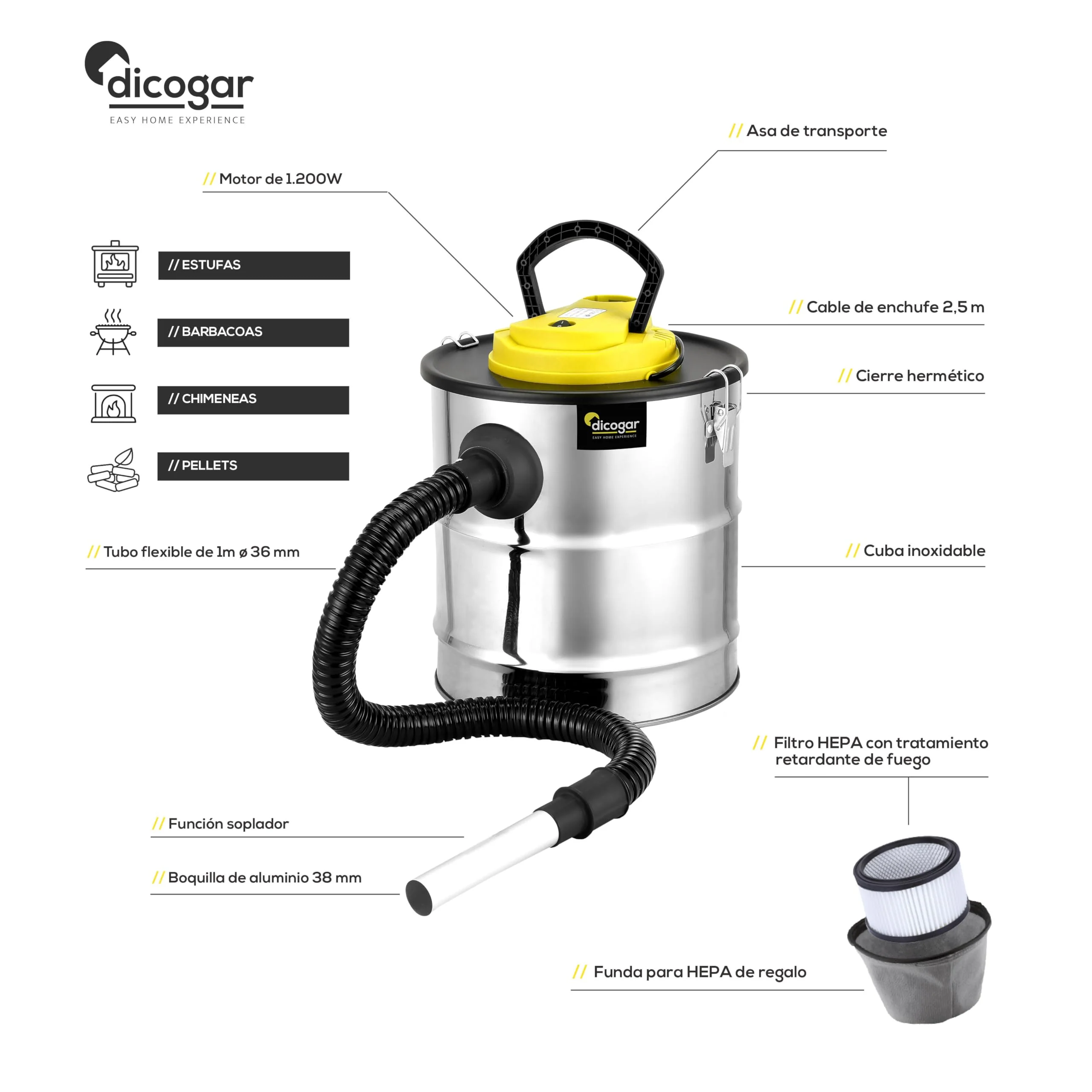 Aschesauger für Kamine, Pellets und Grills - 1.200W Leistung - 20 L Fassungsvermögen - Aus Edelstahl - Inklusive 1m Schlauch und Filterabdeckung - Gebläsefunktion - Dicogar - Image 7