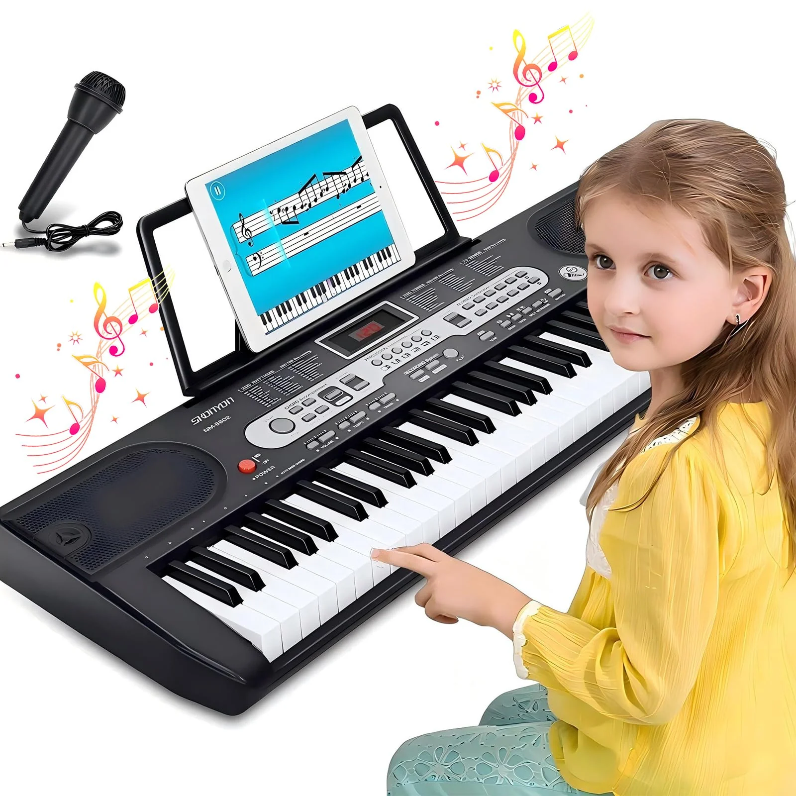 Asdsed Piano Keyboard für Einsteiger, 61 Tasten Elektronisches Klavier mit Notenständer, Lernmodi, Mikrofon, E-Piano Geschenk für Kinder ab 7 Jahre (Schwarz ohne Ständer)