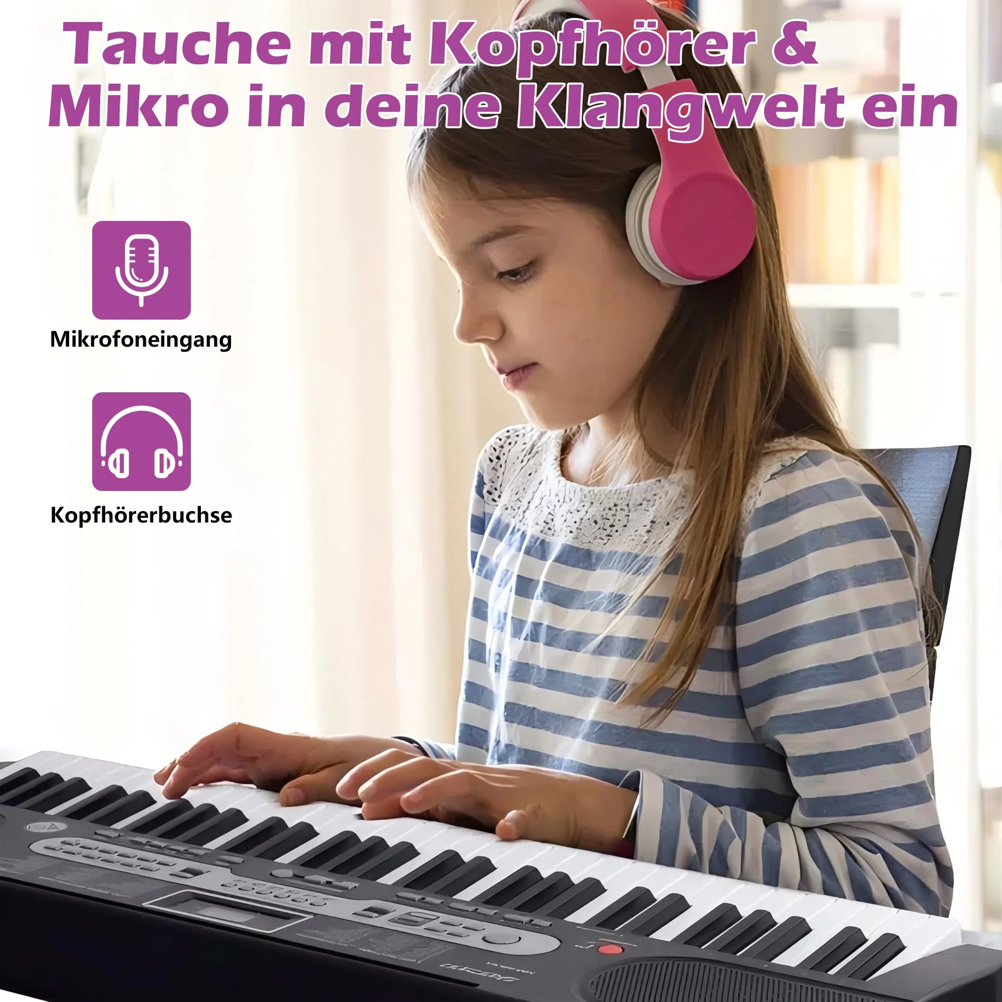 Asdsed Piano Keyboard für Einsteiger, 61 Tasten Elektronisches Klavier mit Notenständer, Lernmodi, Mikrofon, E-Piano Geschenk für Kinder ab 7 Jahre (Schwarz ohne Ständer) - Image 3