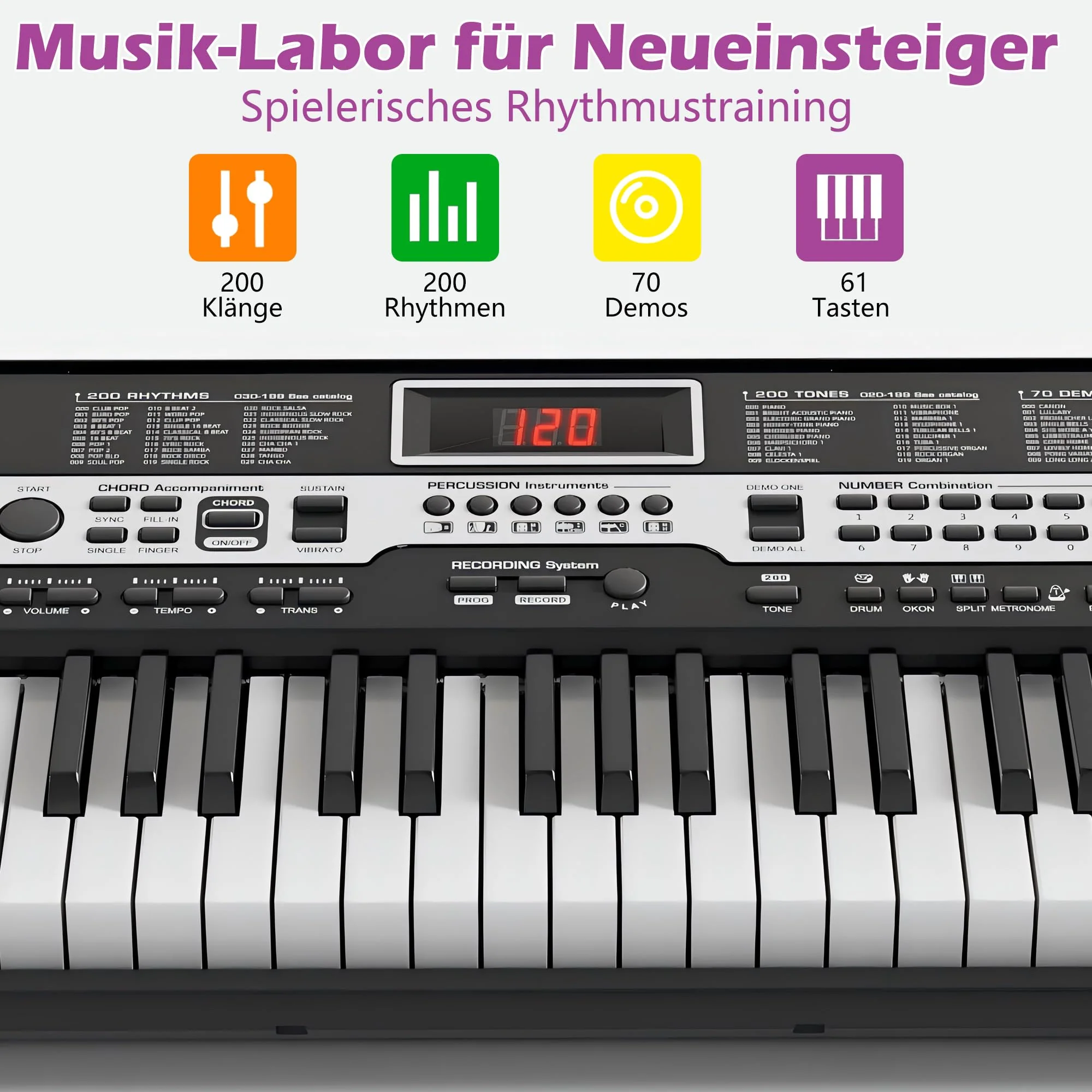 Asdsed Piano Keyboard für Einsteiger, 61 Tasten Elektronisches Klavier mit Notenständer, Lernmodi, Mikrofon, E-Piano Geschenk für Kinder ab 7 Jahre (Schwarz ohne Ständer) - Image 7