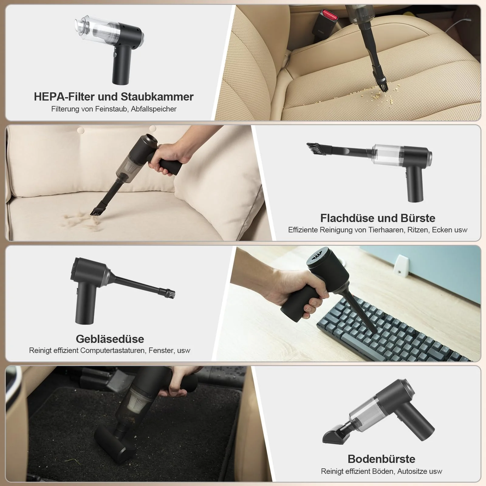 ASFSKY 8000Pa Kabelloser Handstaubsauger, 3600 mAh Akku Handstaubsauger, 2-in-1 Mini-Staubsauger, Autostaubsauger, Tragbarer Staubsauger mit 300ml Staubkammer für Auto, Tierhaare, Computer (Schwarz) - Image 4