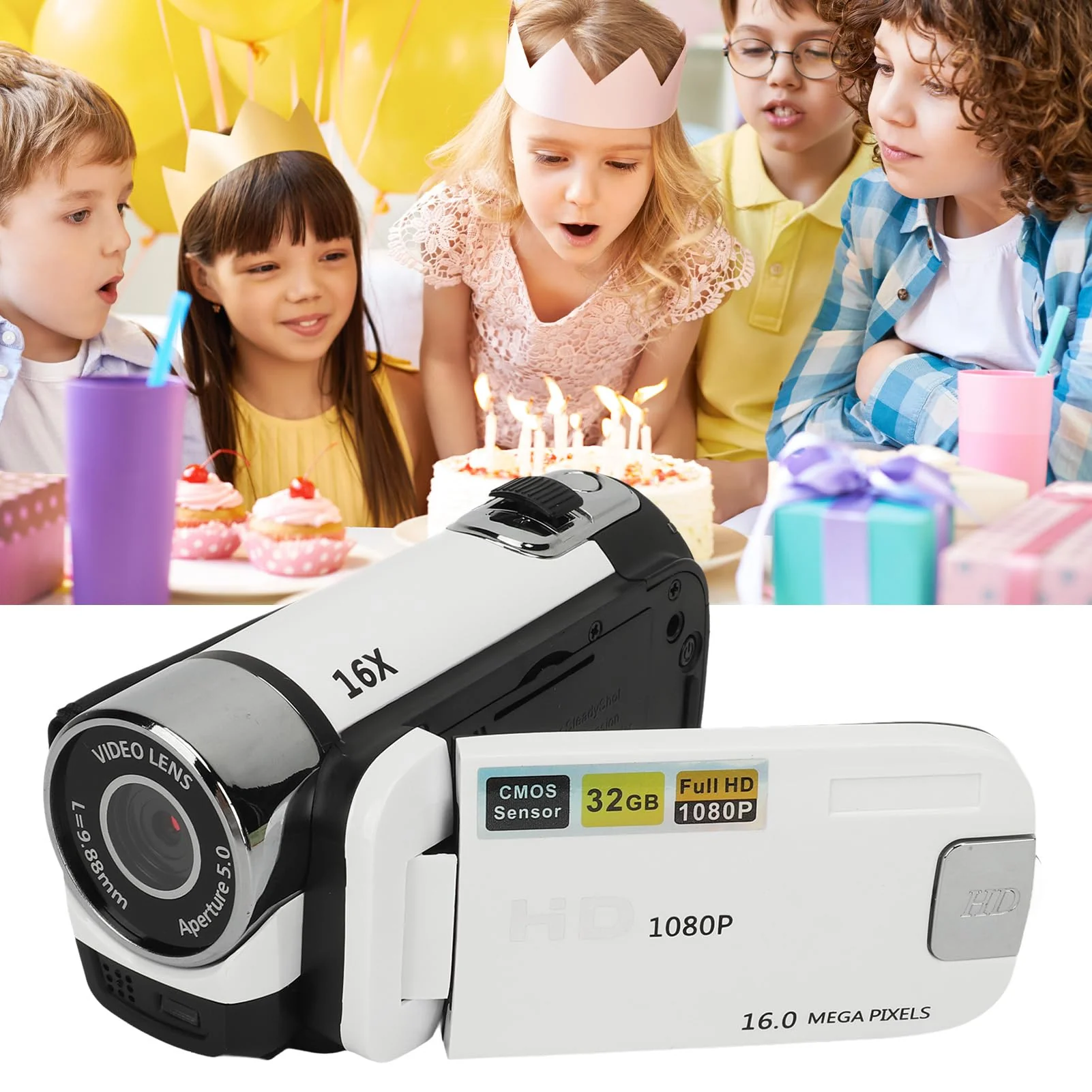 ASHATA D90 Videokamera Camcorder, 1080P 16 MP Digitalkamera Recorder, 2,4 Zoll Drehbarer Bildschirm, 16 facher Digitalzoom Camcorder Kamera mit Fülllicht (White) - Image 5