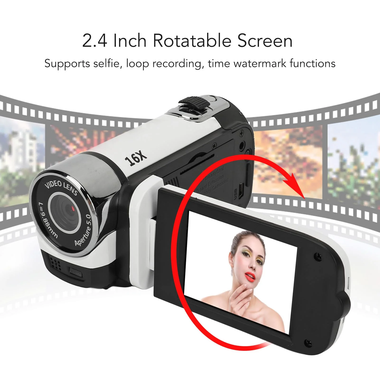 ASHATA D90 Videokamera Camcorder, 1080P 16 MP Digitalkamera Recorder, 2,4 Zoll Drehbarer Bildschirm, 16 facher Digitalzoom Camcorder Kamera mit Fülllicht (White) - Image 8