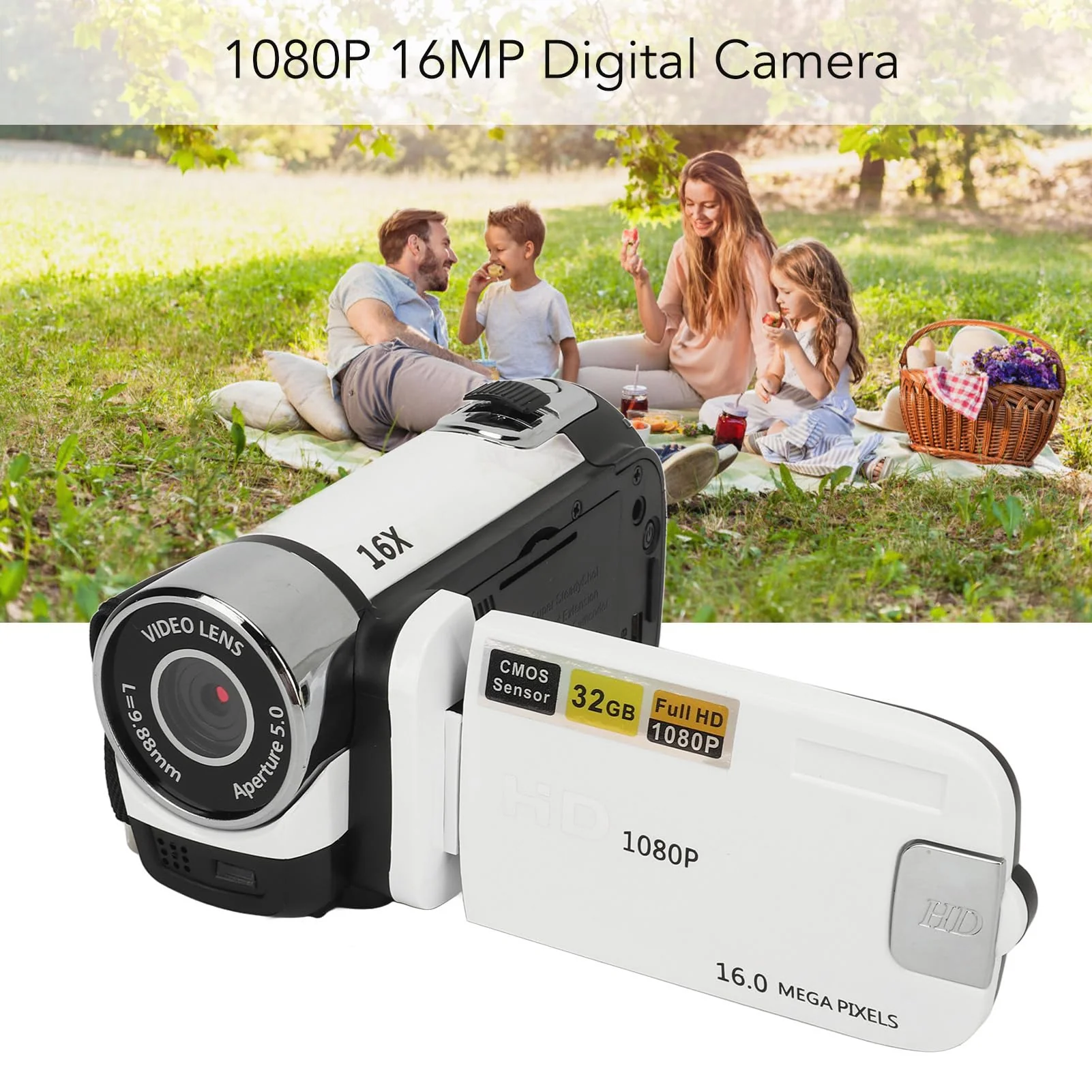 ASHATA D90 Videokamera Camcorder, 1080P 16 MP Digitalkamera Recorder, 2,4 Zoll Drehbarer Bildschirm, 16 facher Digitalzoom Camcorder Kamera mit Fülllicht (White) - Image 9