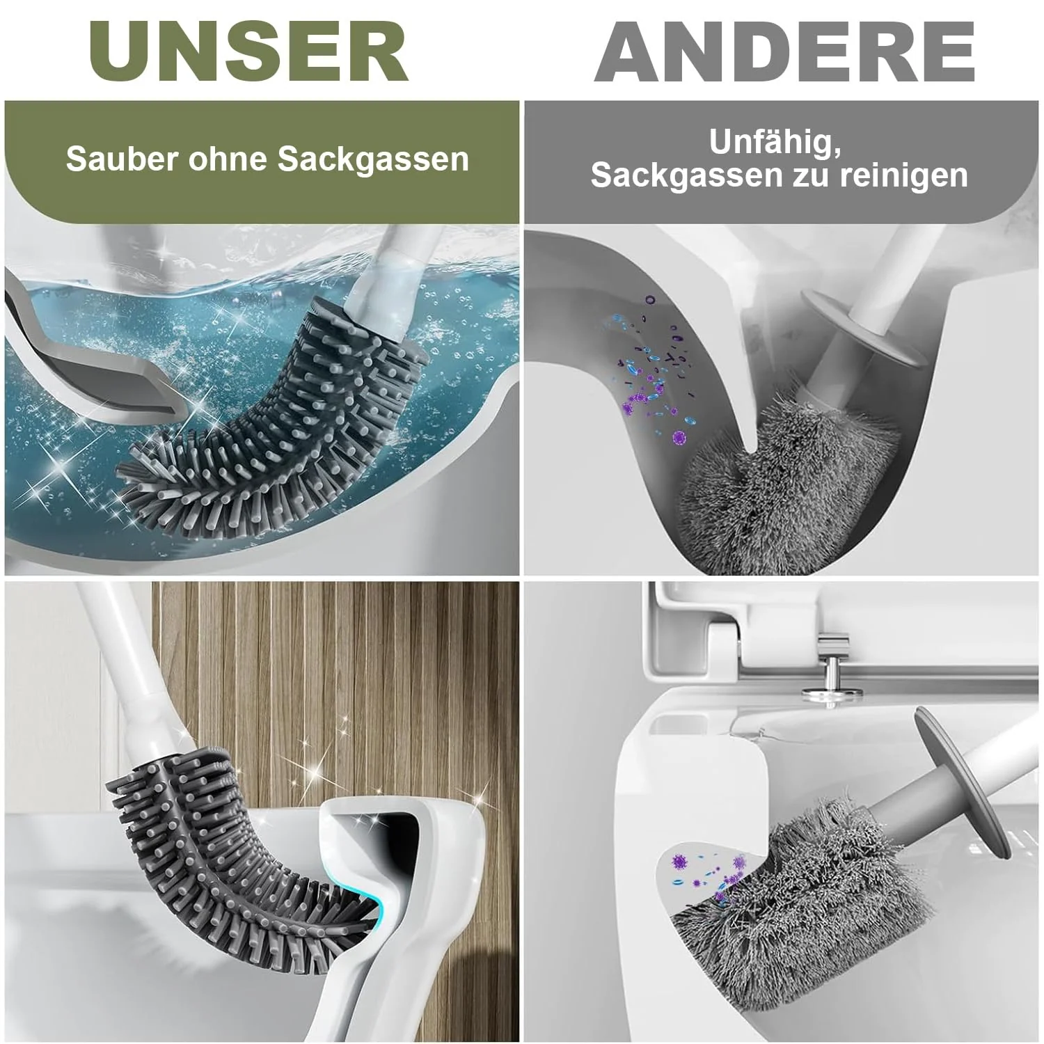 ASOBEAGE Silikon Toilettenbürste: Flexibler Kopf, Langer Griff, Wandmontage, schnell trocknender Halter für die Reinigung des Badezimmers (Weiß) - Image 5