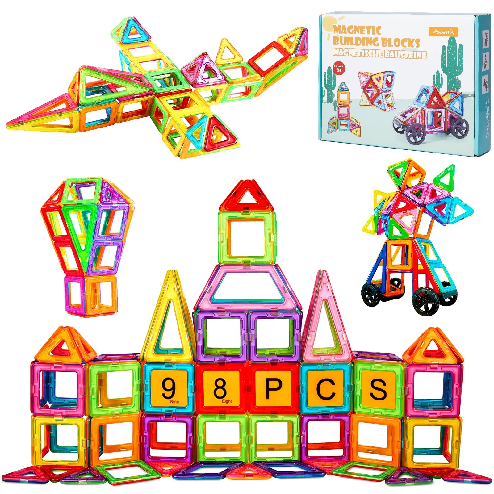 Assark 144pcs Magnetische Bausteine, Castle Magnetblöcke Konstruktion Bauen Blöcke Set für Kinder Spielzeug für 3 4 5 6 7 8 Jahre Alte, Lernspielzeug für Mädchen Jungen Geschenk