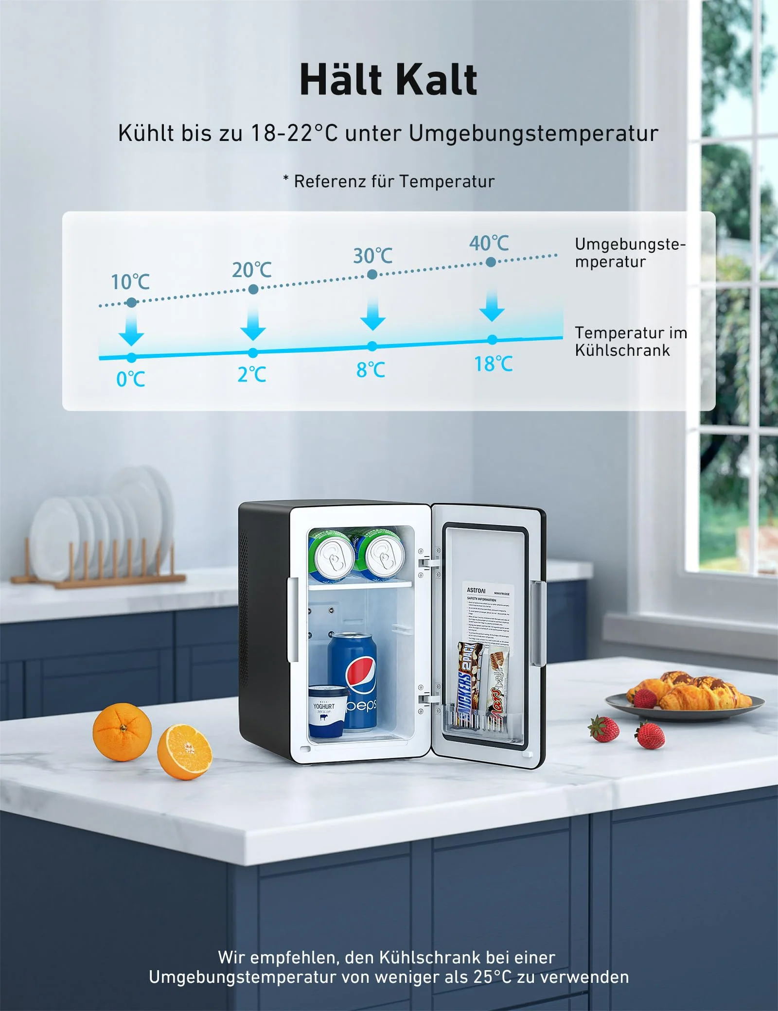 AstroAI 2 in 1 Mini Kühlschrank, 6 Liter Fridge / 8 Dosen mit Kühl- und Heizfunktion, 12V / 220V Steckdose für Autos, Büros und Schlafsäle, Schwarz - Image 5