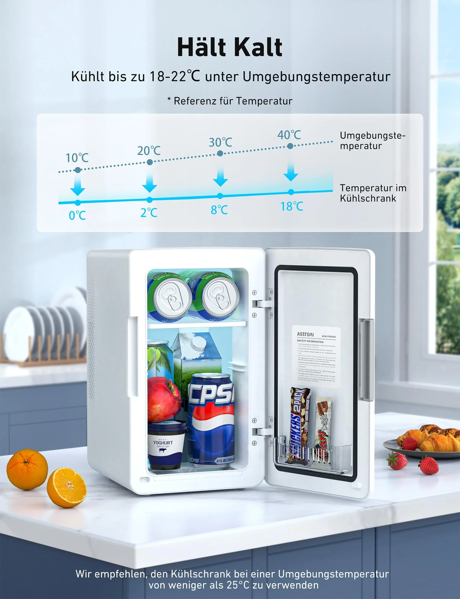 AstroAI 2 in 1 Mini Kühlschrank, 6 Liter Fridge / 8 Dosen mit Kühl- und Heizfunktion, 12V / 220V Steckdose für Autos, Büros und Schlafsäle, Weiß - Image 2