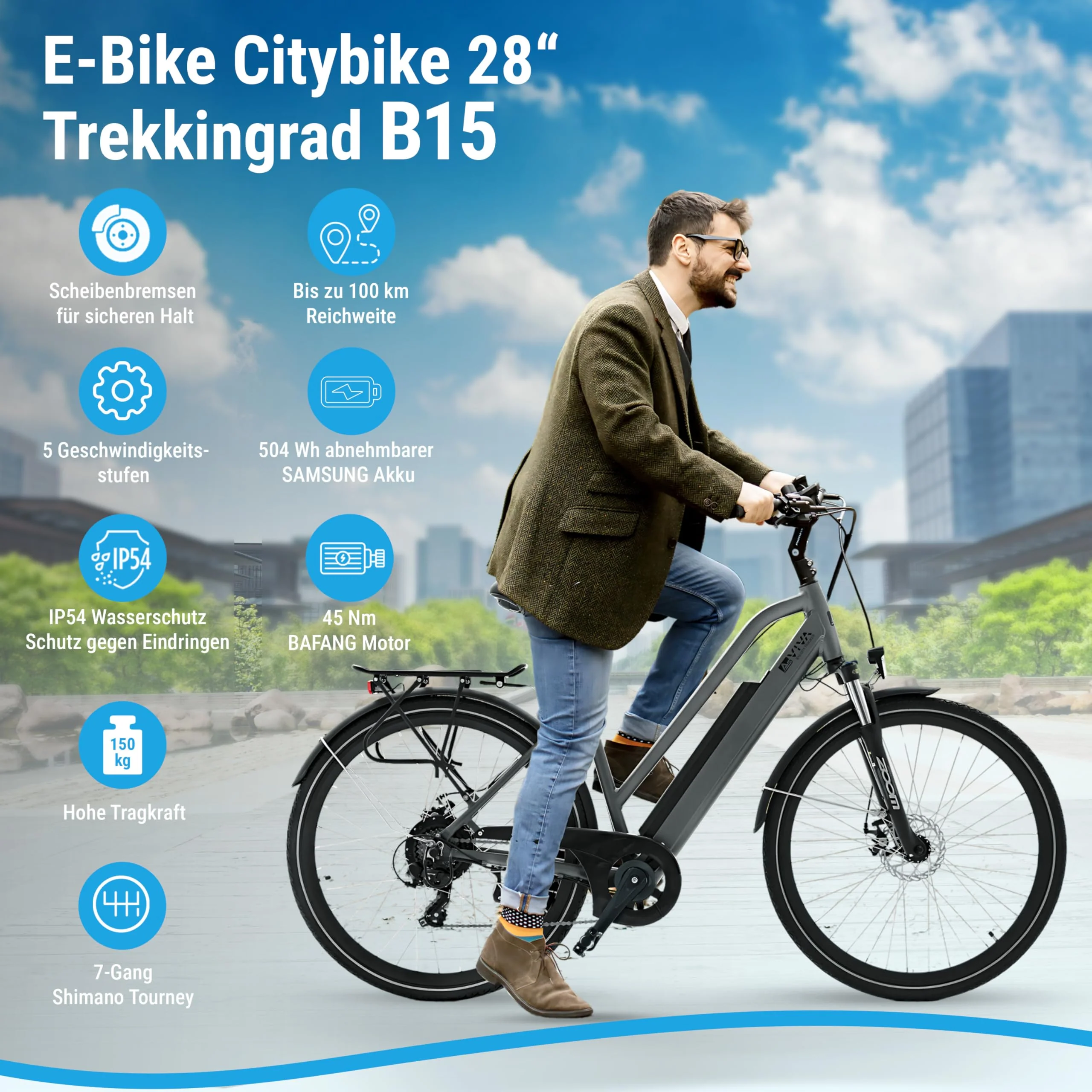 AsVIVA B15 E-Bike 28 Zoll für Herren & Damen - Pedelec mit 250W Bafang Hinterradmotor - 36V Samsung Akku - 7-Gang Shimano - bis 150 kg Nutzergewicht - Citybike Elektrofahrrad (grau-schwarz) - Image 7