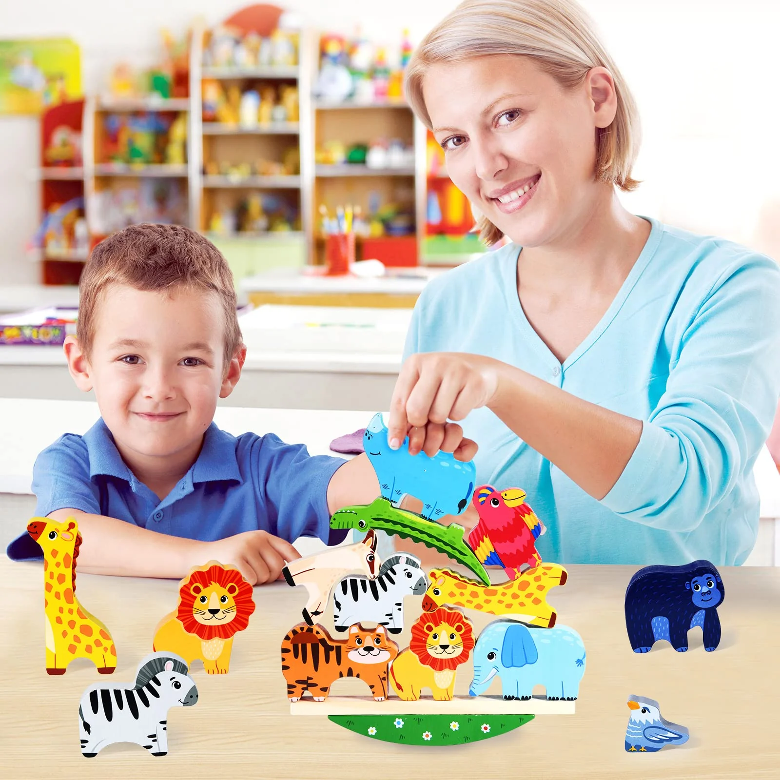 Atoylink Montessori Holzspielzeug ab 2 3 4 5 Jahren Stapelspiel Stapelspielzeug Tiere zum Stapeln Bausteine Balancespiel Holz Motorikspielzeug Feinmotorik Lernspielzeug Geschenke für Baby Kleinkinder - Image 2
