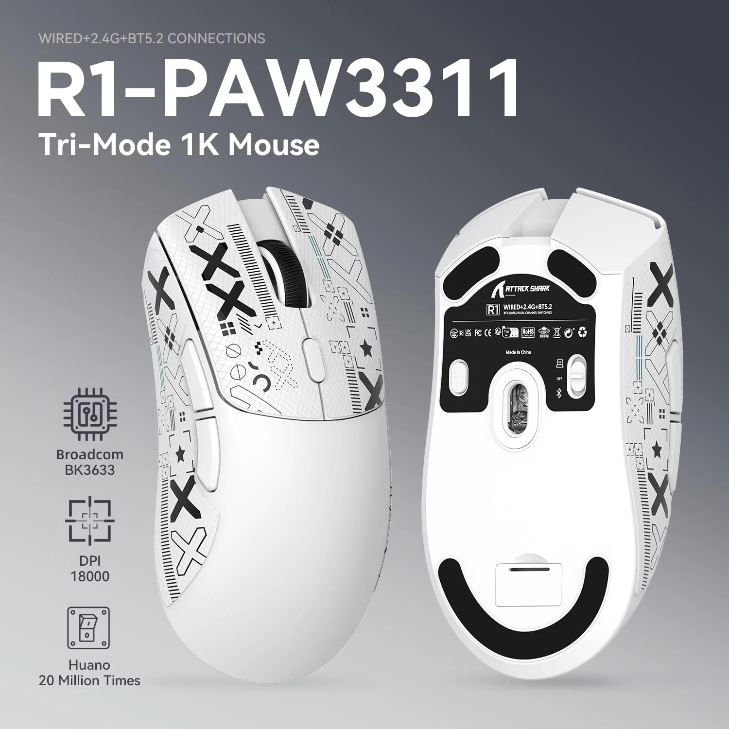 ATTACK SHARK R1 59g Superlight Maus mit Klebeband, PixArt PAW3311 Gaming-Sensor, BT/2,4G kabellose/kabelgebundene Gaming-Maus, 6 einstellbare DPI bis zu 18000, 65 Stunden Akku (weiß) - Image 5