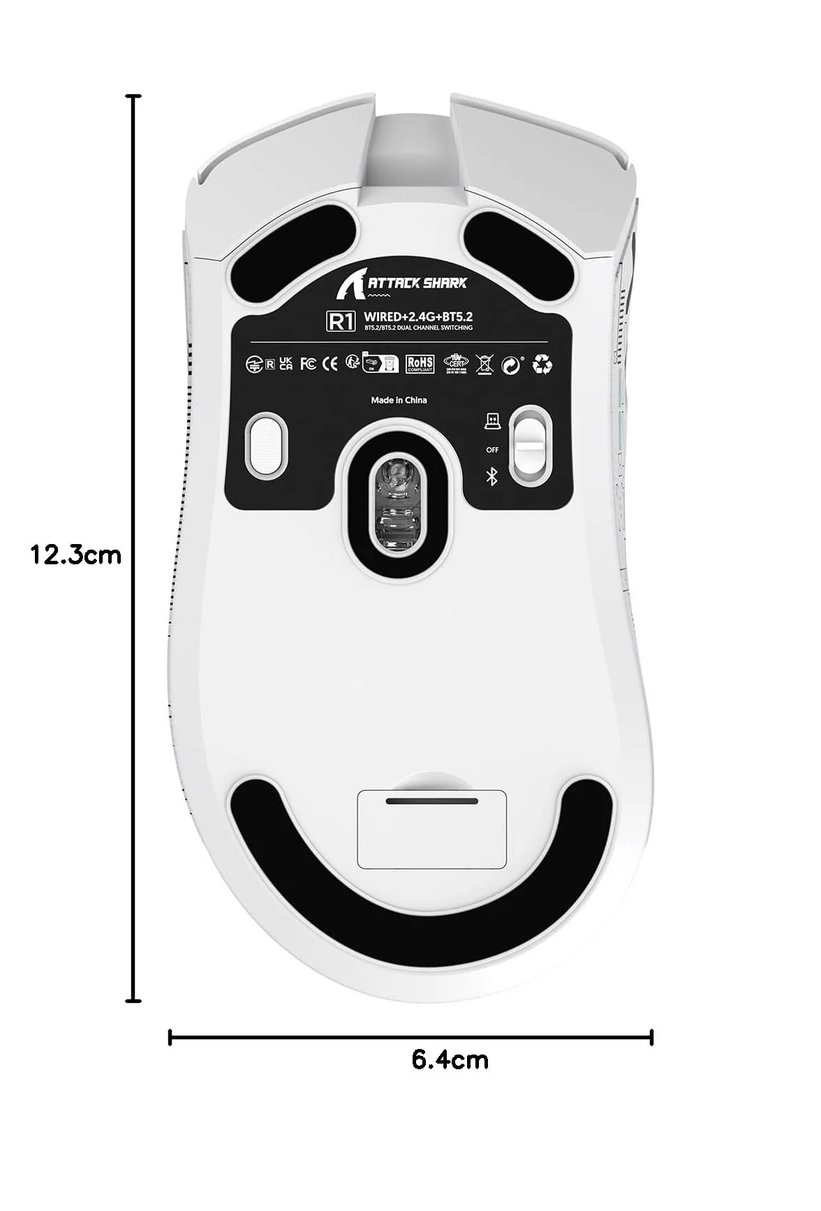 ATTACK SHARK R1 59g Superlight Maus mit Klebeband, PixArt PAW3311 Gaming-Sensor, BT/2,4G kabellose/kabelgebundene Gaming-Maus, 6 einstellbare DPI bis zu 18000, 65 Stunden Akku (weiß) - Image 7