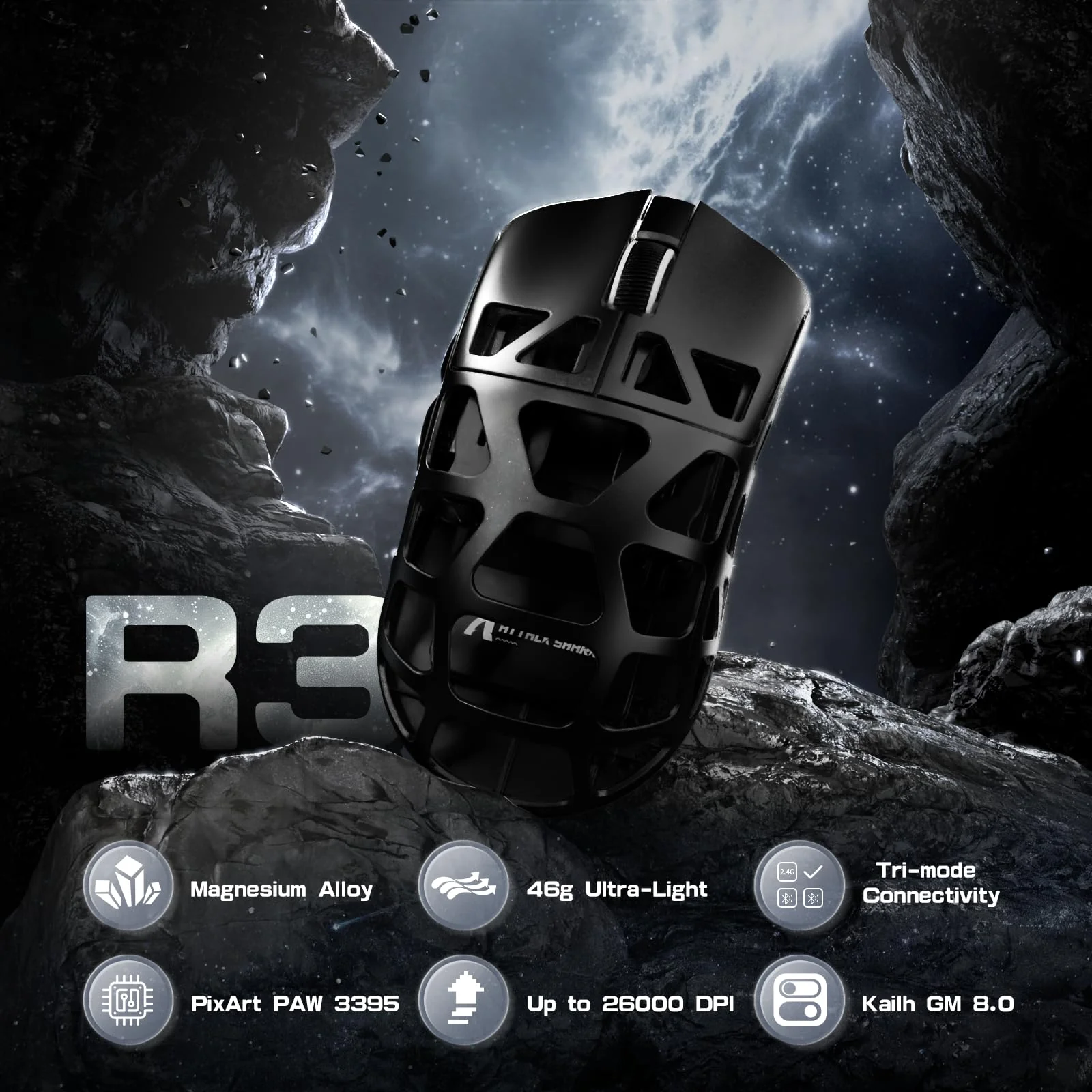 ATTACK SHARK R3PRO 46g SUPERLIGHT Magnesiumlegierung Maus, 8000Hz Kabellose Abfragerate, 26000 DPI, 2,4G/BT/Kabelgebundene Gaming-Mouse, PixArt PAW3395-Sensor G502, mit Spiralkabel, PC/Mac, Schwarz - Image 6