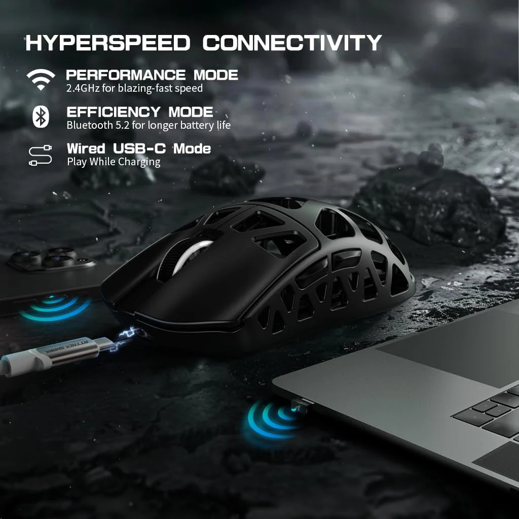 ATTACK SHARK R3PRO 46g SUPERLIGHT Magnesiumlegierung Maus, 8000Hz Kabellose Abfragerate, 26000 DPI, 2,4G/BT/Kabelgebundene Gaming-Mouse, PixArt PAW3395-Sensor G502, mit Spiralkabel, PC/Mac, Schwarz - Image 9