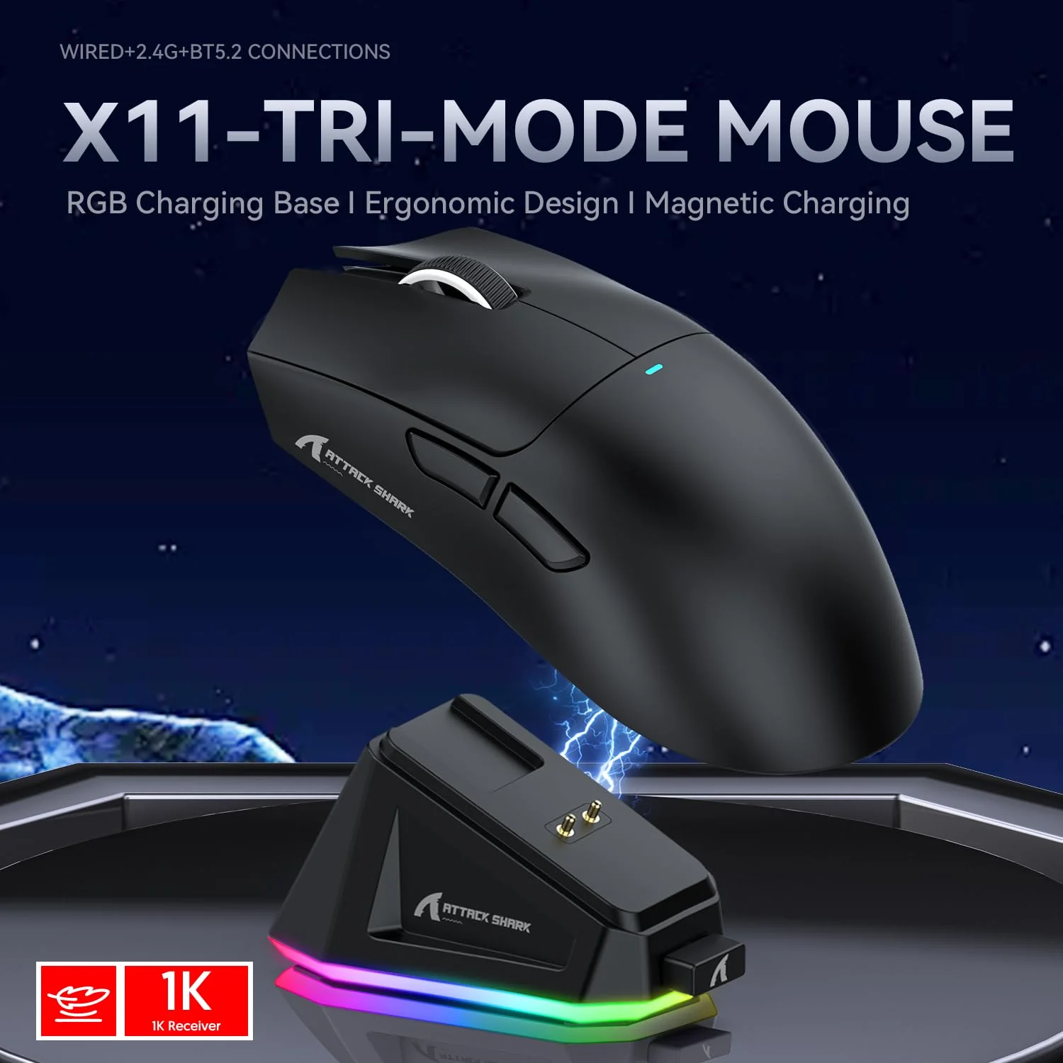 ATTACK SHARK X11 Gaming Mouse mit Magnetic Charging Dock, PixArt PAW3311 Gaming Sensor, BT/2.4G Wireless/Wired Gaming Mouse, 22000 DPI, Office Mice Gamer Mice Mice for Win11/Xbox/PS/Mac (Schwarz) - Image 2