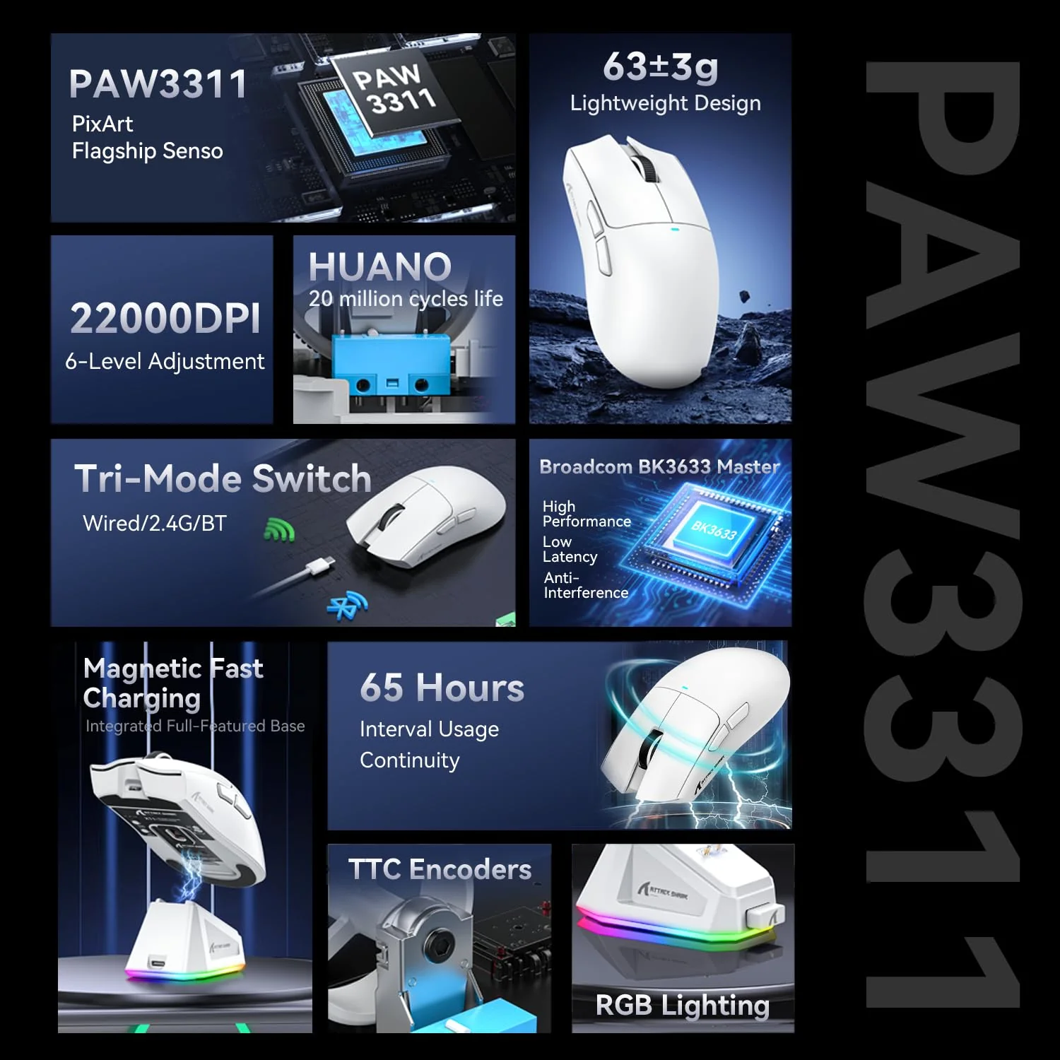 ATTACK SHARK X11 Gaming Mouse mit Magnetic Charging Dock, PixArt PAW3311 Gaming Sensor, BT/2.4G Wireless/Wired Gaming Mouse, 22000 DPI, Office Mice Gamer Mice Mice for Win11/Xbox/PS/Mac (White) - Image 6