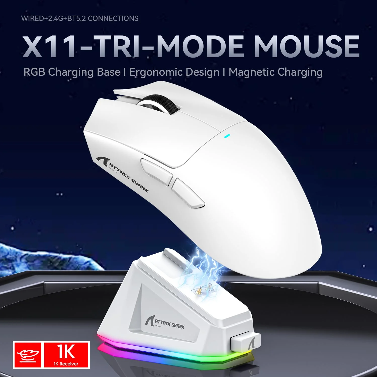 ATTACK SHARK X11 Gaming Mouse mit Magnetic Charging Dock, PixArt PAW3311 Gaming Sensor, BT/2.4G Wireless/Wired Gaming Mouse, 22000 DPI, Office Mice Gamer Mice Mice for Win11/Xbox/PS/Mac (White) - Image 8