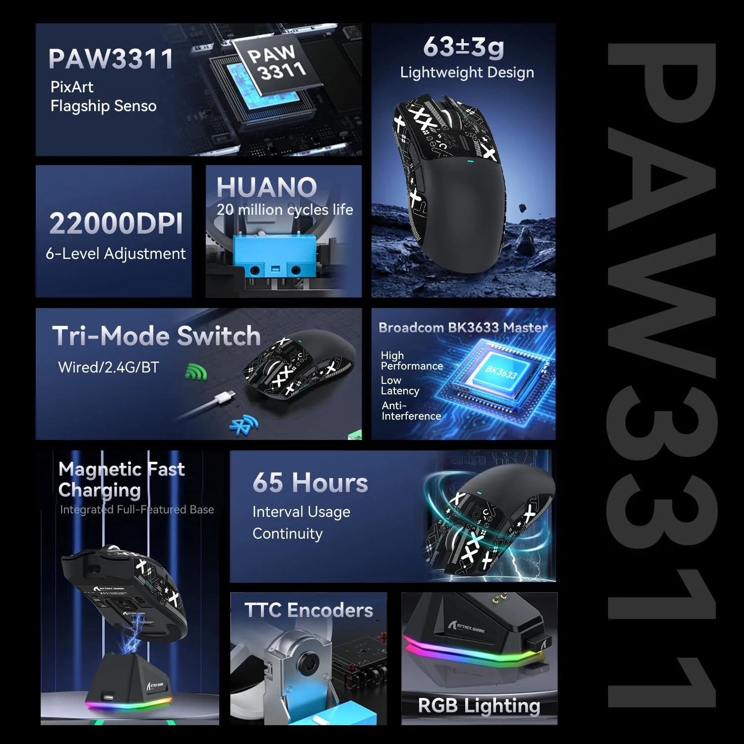 ATTACK SHARK X11 Gaming Mouse mit Magnetic Charging Dock, PixArt PAW3311 Gaming Sensor, BT/2.4G Wireless/Wired Gaming Mouse mit Mouse Grip Tape, 22000 DPI, Gamer Mice for Win11/Xbox/PS/Mac (Schwarz) - Image 7