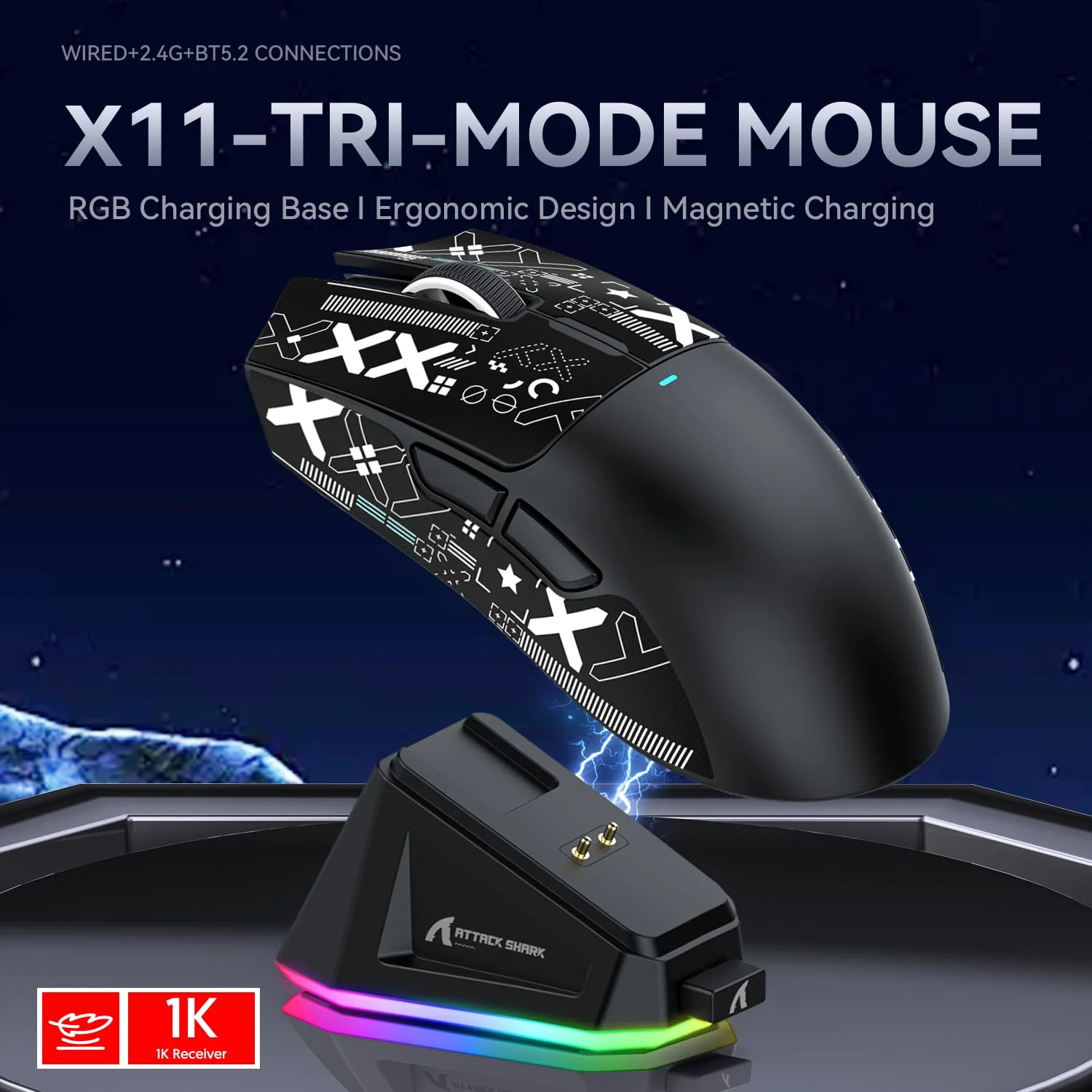 ATTACK SHARK X11 Gaming Mouse mit Magnetic Charging Dock, PixArt PAW3311 Gaming Sensor, BT/2.4G Wireless/Wired Gaming Mouse mit Mouse Grip Tape, 22000 DPI, Gamer Mice for Win11/Xbox/PS/Mac (Schwarz) - Image 9