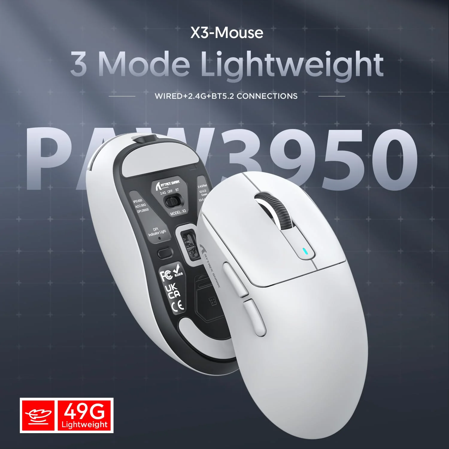 ATTACK SHARK X3MAX 49g Superlight Mouse, PixArt PAW3950 Gaming Sensor, BT/2.4G Wireless/Wired Gaming Mouse, 6 Adjustable DPI up to 42000, 200 Hrs Battery, Office Mice for Win11/Xbox/PS/Mac (White) - Image 3
