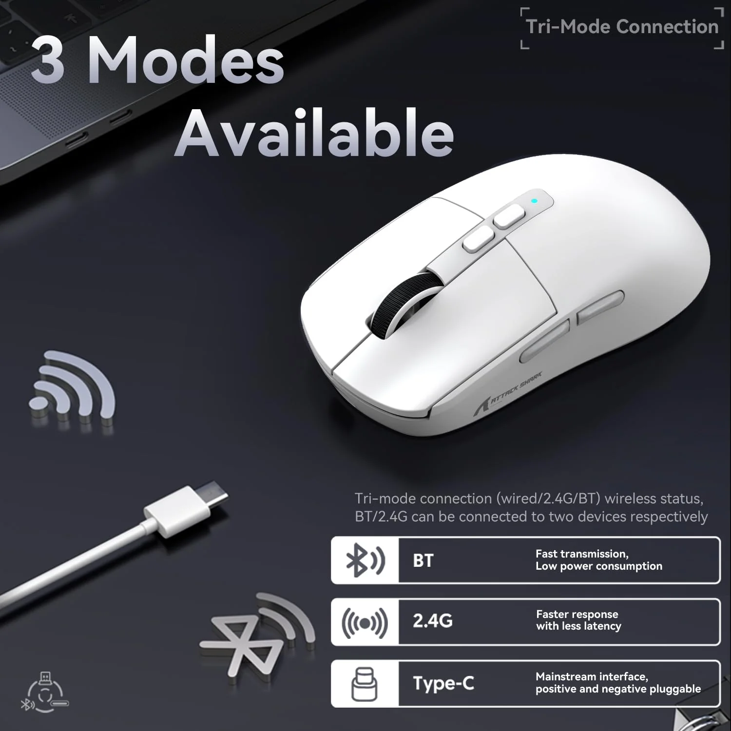 ATTACK SHARK X6 49g Superlight Maus mit magnetischer Ladestation, PixArt PAW3395 Gaming-Sensor, BT/2,4G kabellose/kabelgebundene Gaming-Maus, 26000 DPI, X3 verbesserte Office-Mäuse für Win11 (weiß) - Image 7