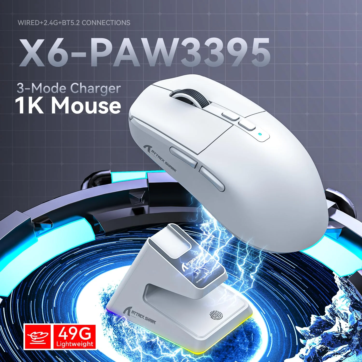 ATTACK SHARK X6 49g Superlight Maus mit magnetischer Ladestation, PixArt PAW3395 Gaming-Sensor, BT/2,4G kabellose/kabelgebundene Gaming-Maus, 26000 DPI, X3 verbesserte Office-Mäuse für Win11 (weiß) - Image 8