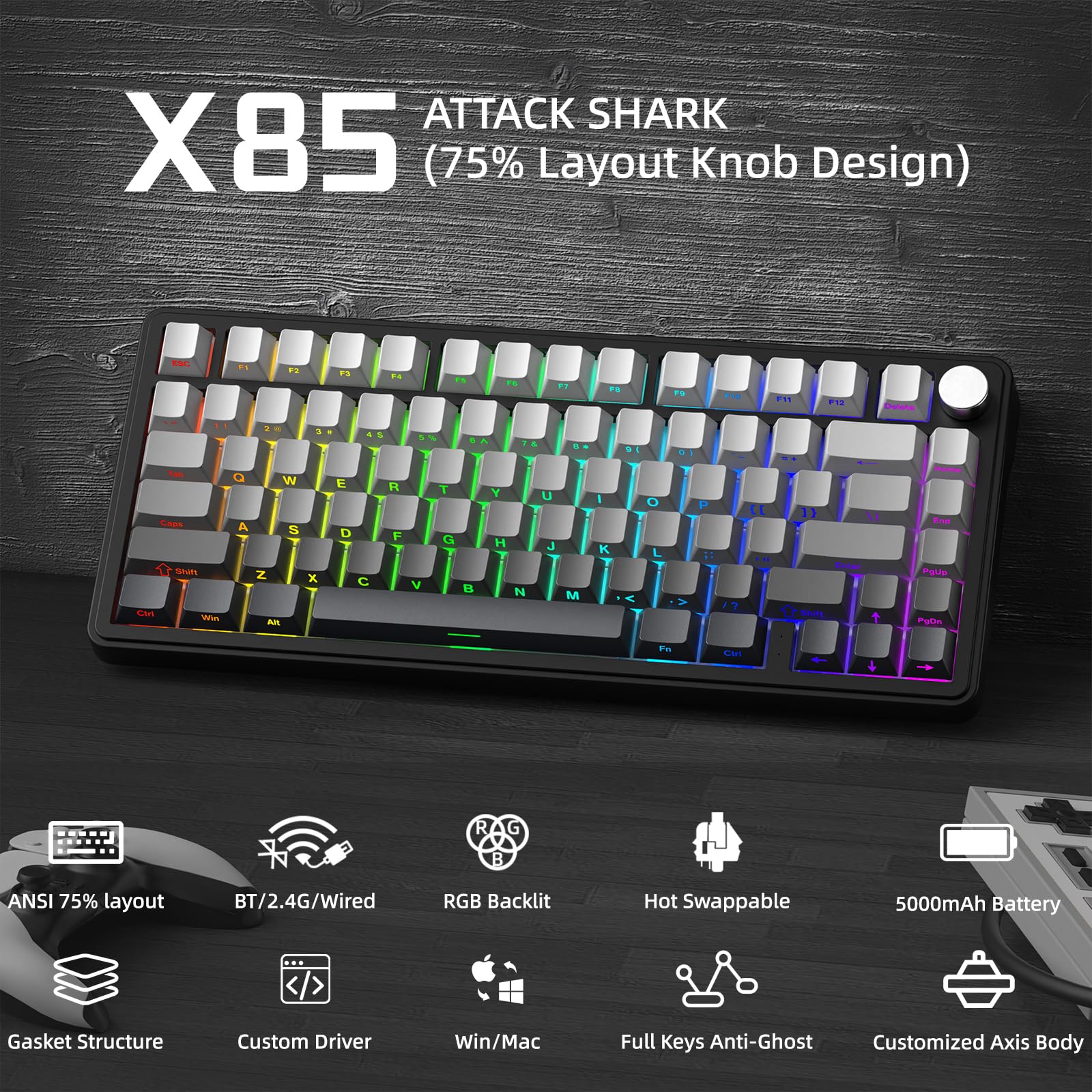 ATTACK SHARK X85 Gasket Mechanische Tastatur mit Drehregler, 75% kabellose Gaming-Tastatur mit fünfschichtiger Polsterung, BT5.0/2.4G/USB-C,RGB, Hot-Swap-fähig, PBT-Tastenkappen (schwarzer) - Image 2
