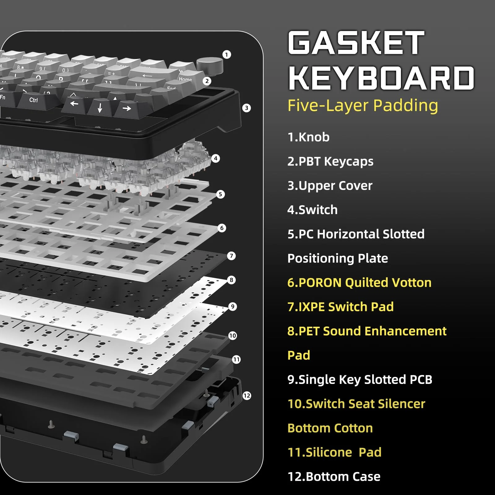 ATTACK SHARK X85 Gasket Mechanische Tastatur mit Drehregler, 75% kabellose Gaming-Tastatur mit fünfschichtiger Polsterung, BT5.0/2.4G/USB-C,RGB, Hot-Swap-fähig, PBT-Tastenkappen (schwarzer) - Image 3