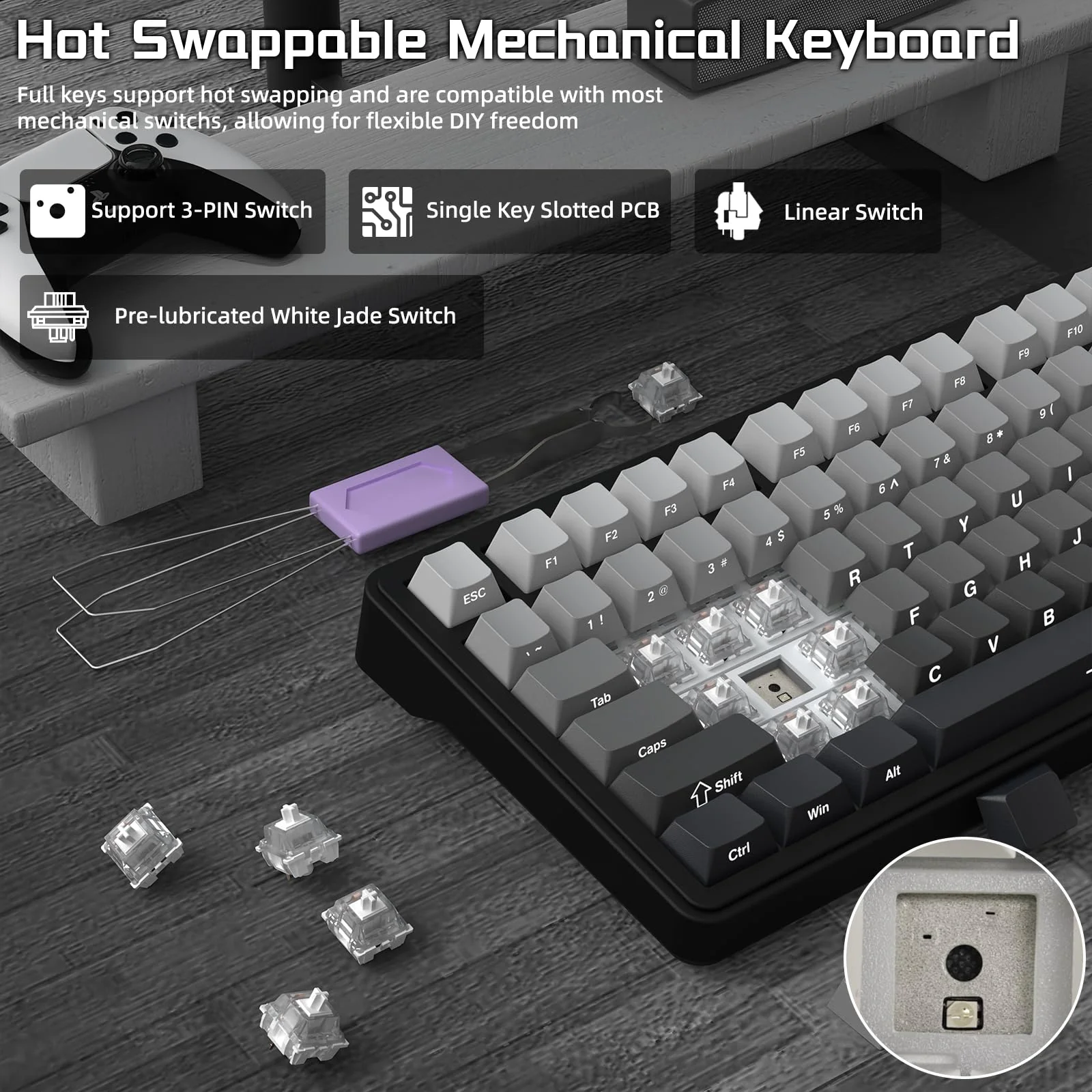 ATTACK SHARK X85 Gasket Mechanische Tastatur mit Drehregler, 75% kabellose Gaming-Tastatur mit fünfschichtiger Polsterung, BT5.0/2.4G/USB-C,RGB, Hot-Swap-fähig, PBT-Tastenkappen (schwarzer) - Image 5