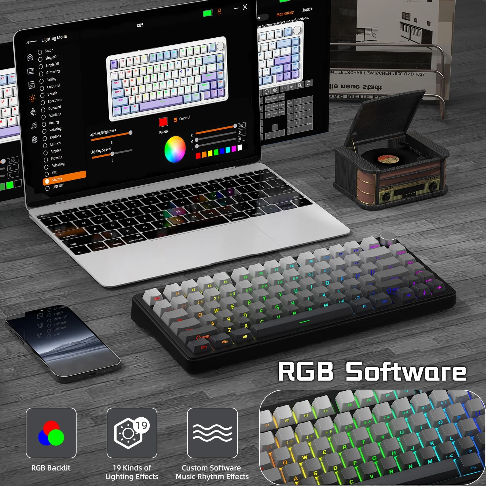 ATTACK SHARK X85 Gasket Mechanische Tastatur mit Drehregler, 75% kabellose Gaming-Tastatur mit fünfschichtiger Polsterung, BT5.0/2.4G/USB-C,RGB, Hot-Swap-fähig, PBT-Tastenkappen (schwarzer) - Image 7