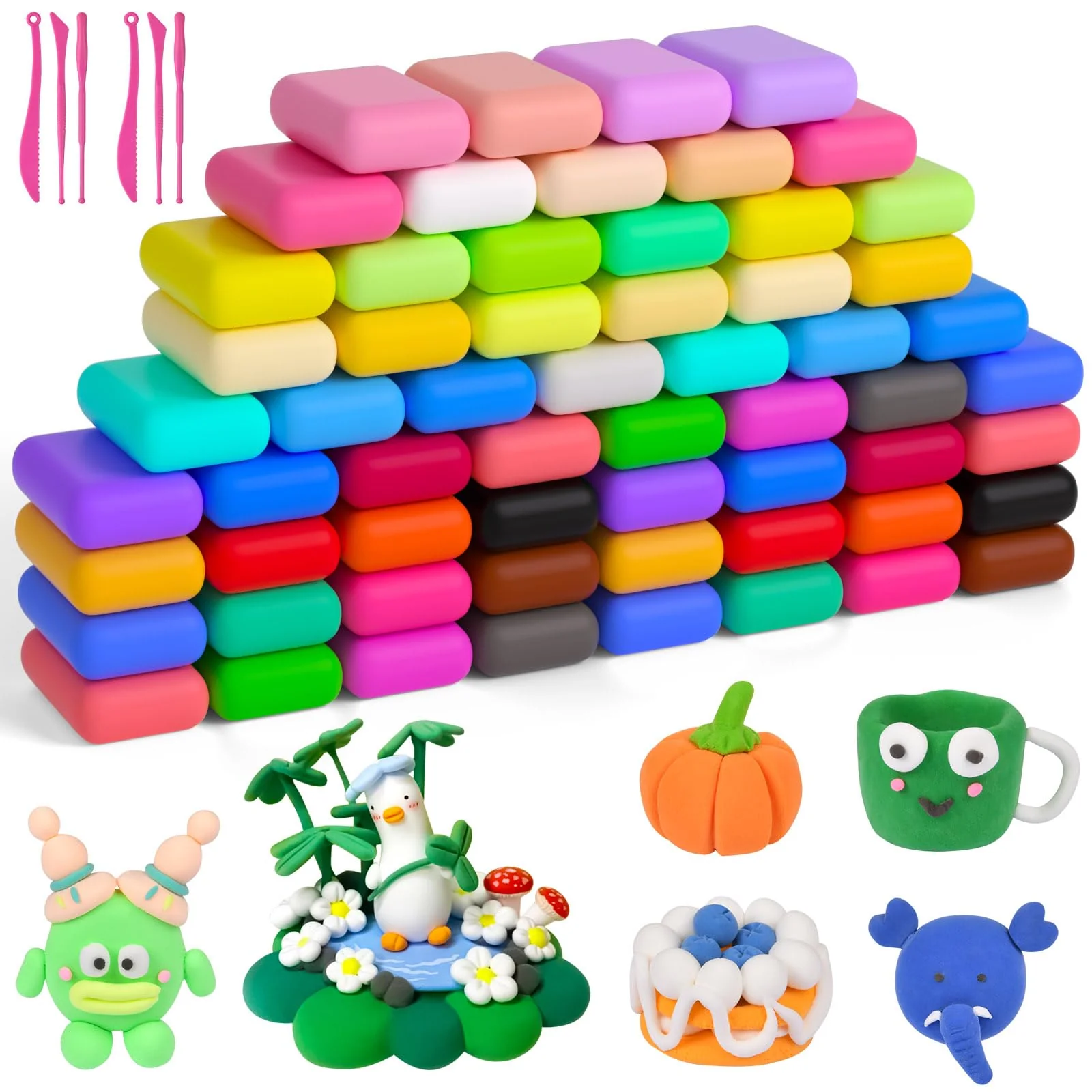 AUAUY Modelliermasse-Set, Knete Starter Set, 60 Farben Lufttrocknende Magische Knete für Kinder, Modelliermasse Lufttrocknend, Art Polymer Clay Geschenk für Jungen und Mädchen im Alter von 3-12 Jahren