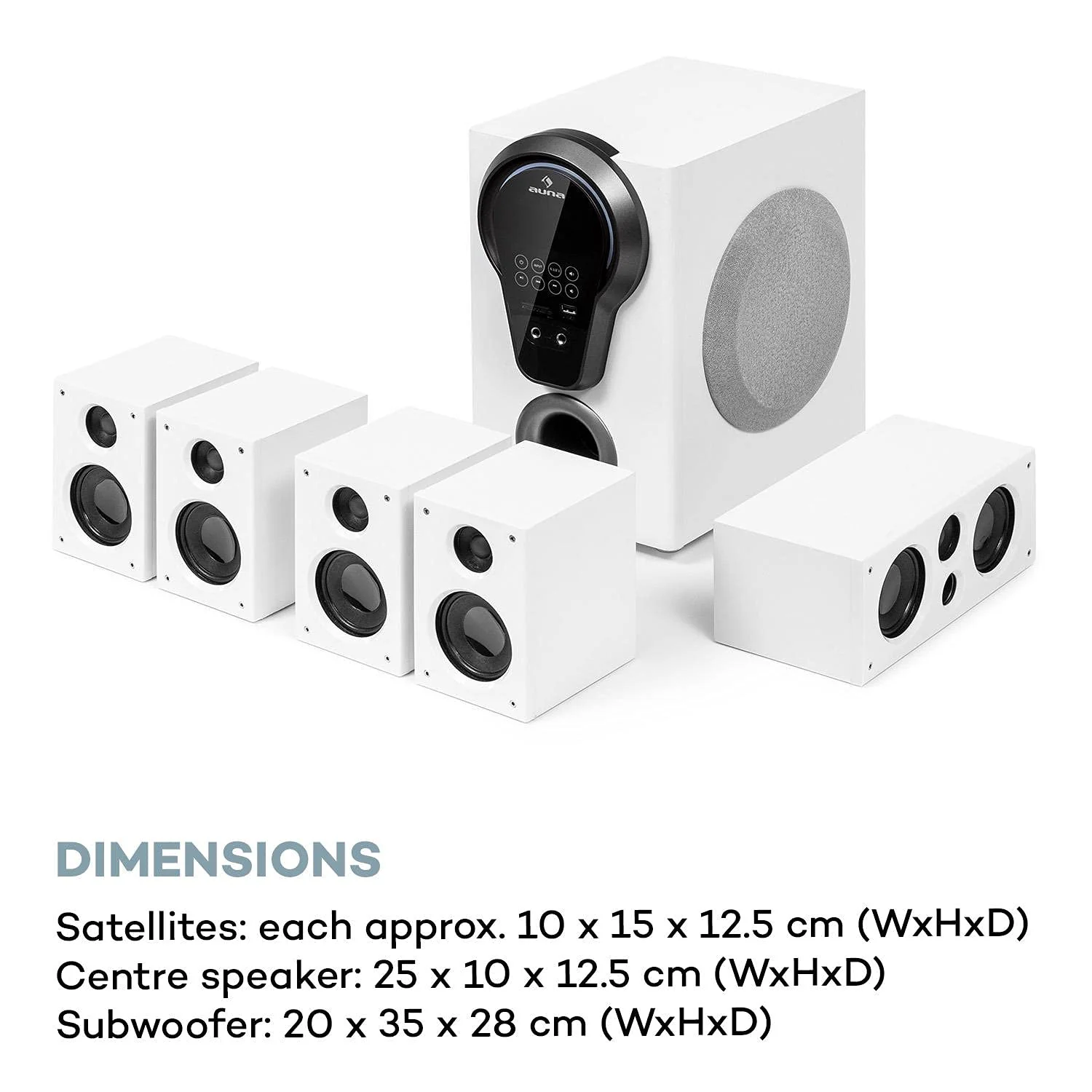 auna Areal 525 5.1 Soundsystem, Heimkinosystem, 5.1 Heimkinosystem, RMS, Subwoofer, 4 oder 5 Satellit, AUX-Eingang, Heimkino mit 125 Watt, weiß