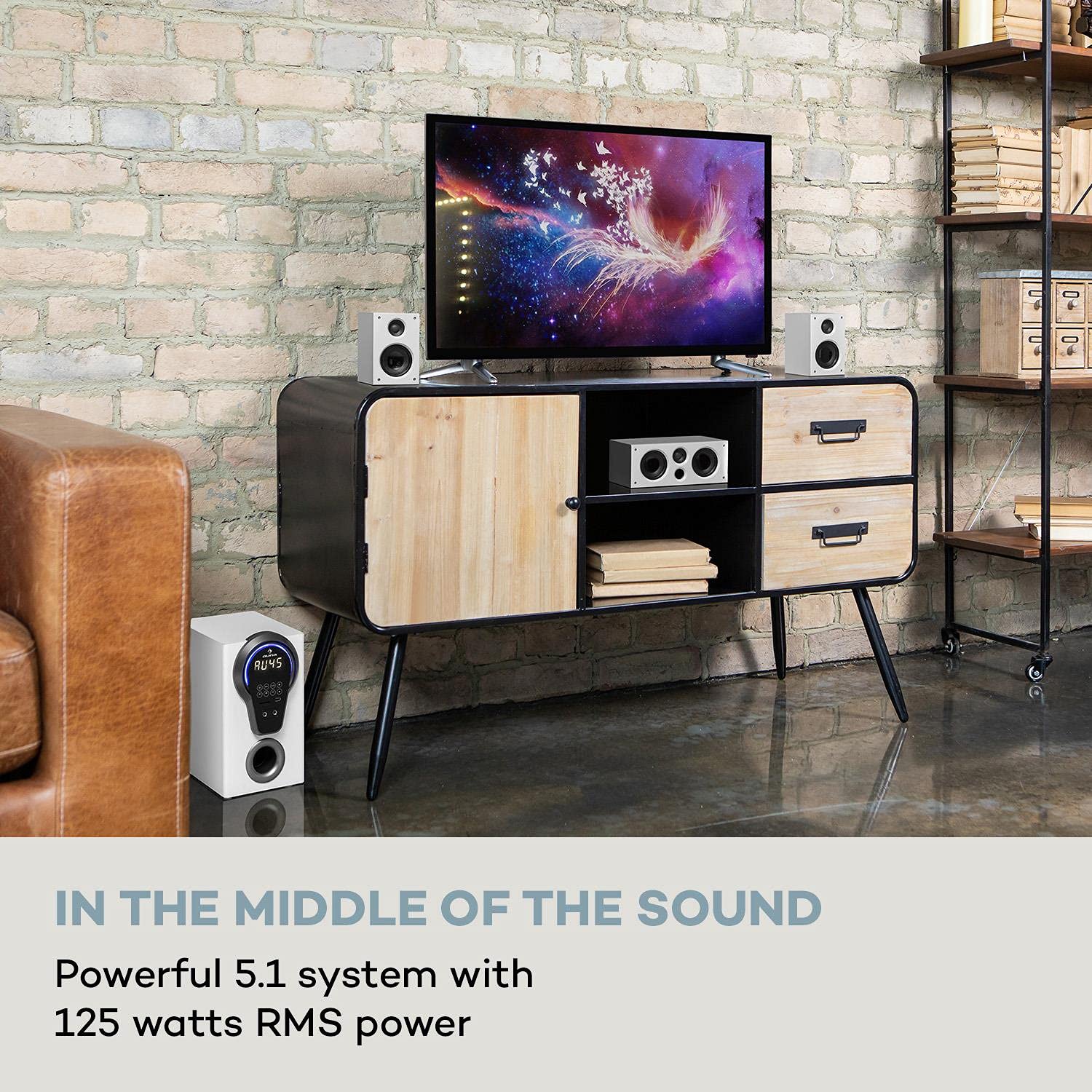 auna Areal 525 5.1 Soundsystem, Heimkinosystem, 5.1 Heimkinosystem, RMS, Subwoofer, 4 oder 5 Satellit, AUX-Eingang, Heimkino mit 125 Watt, weiß - Image 4