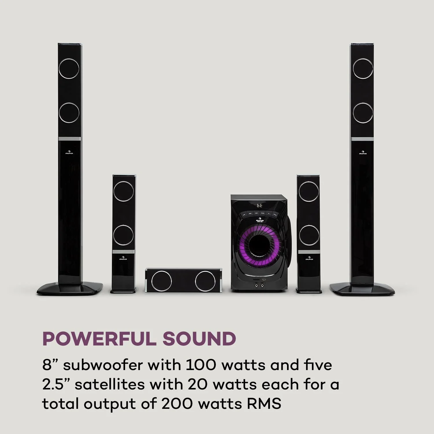 auna Areal 825 5.1 Soundsystem - 5.1 Heimkinosystem mit 200 Watt Leistung RMS, 8" Heimkino Subwoofer + 5 Lautsprecher, Bluetooth, USB, SD, AUX, inkl. Fernbedienung - Image 5
