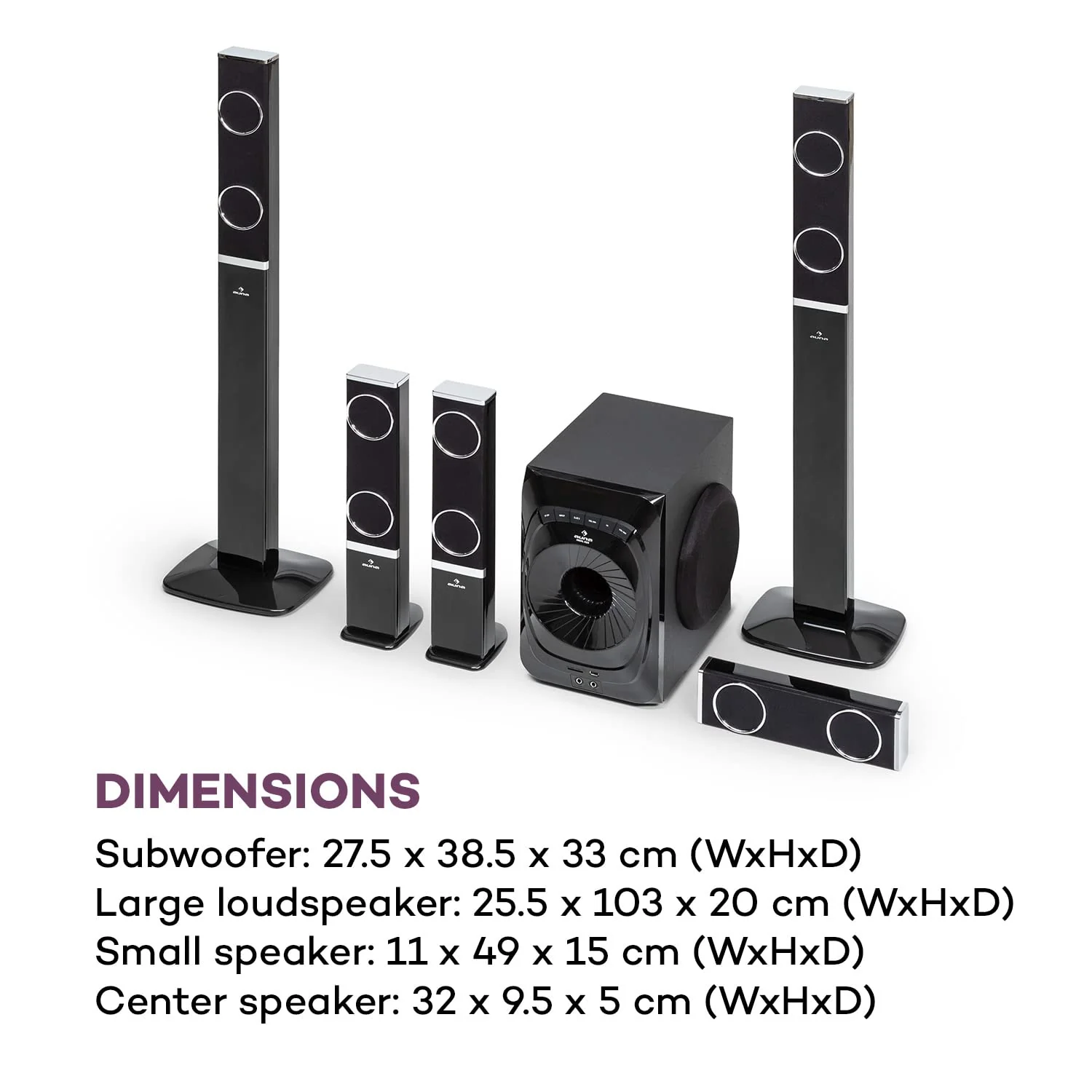auna Areal 825 5.1 Soundsystem - 5.1 Heimkinosystem mit 200 Watt Leistung RMS, 8" Heimkino Subwoofer + 5 Lautsprecher, Bluetooth, USB, SD, AUX, inkl. Fernbedienung - Image 6