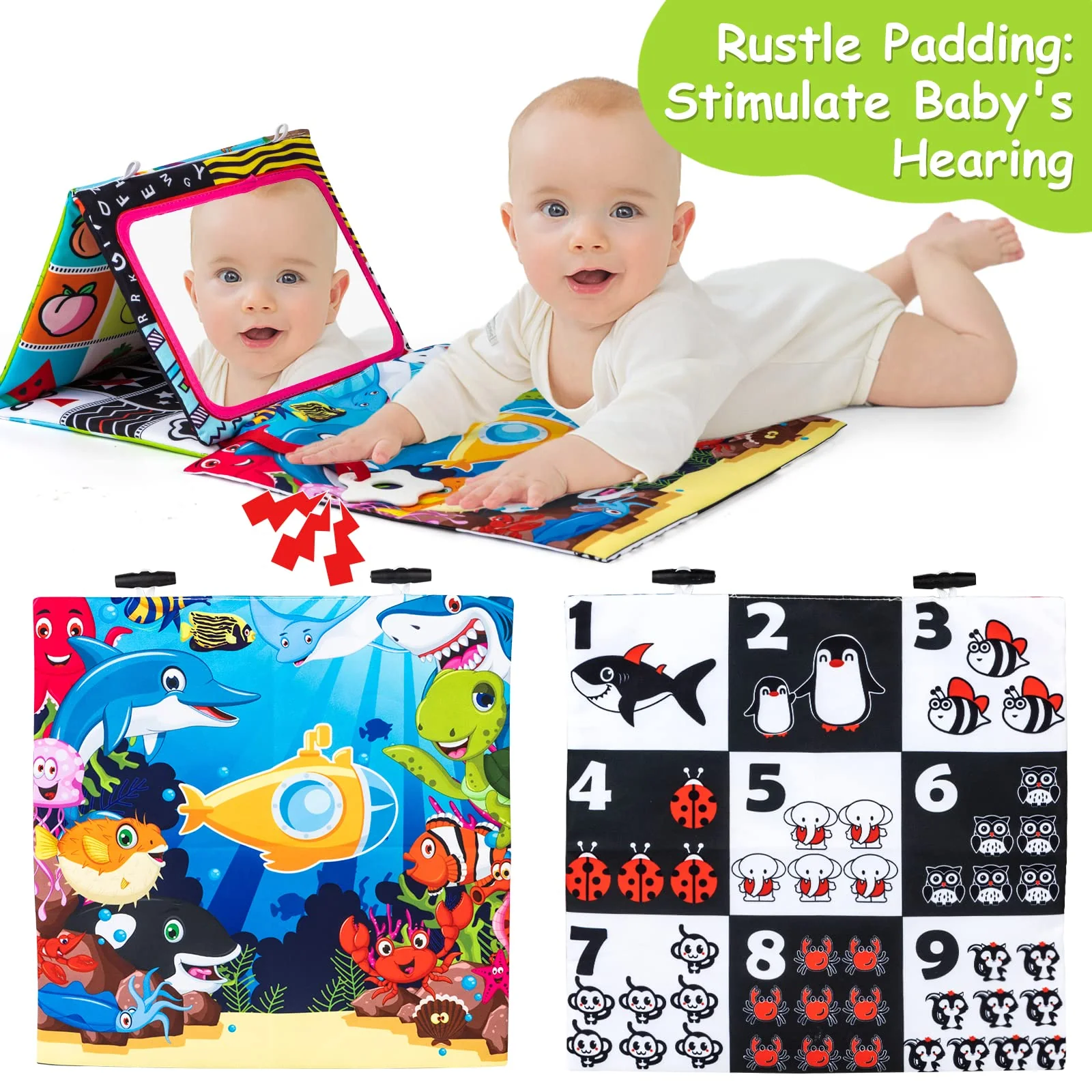 Auney Baby Spielzeug 0-9 Monate, Faltbarer Baby Spiegel Spielzeug mit Knisterbuch Entwickelt, Kleinkinderziehung und Kognitives Spielzeug Lernspielzeug Babyspielzeug für Neugeborenes Kleinkinder - Image 6