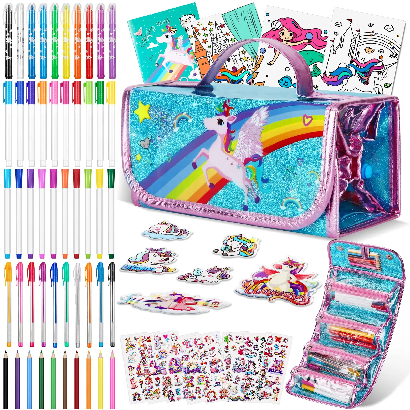 Auney Malset für Kinder 3 4 5 6-9 Jahre,Malkoffer für Kinder,Federmäppchen Mädchen Schreibset Inklusive Glitzerstifte,Filzstifte,Buntstifte,Malstifte und Gel Stift,Einhorn Geschenke für Mädchen