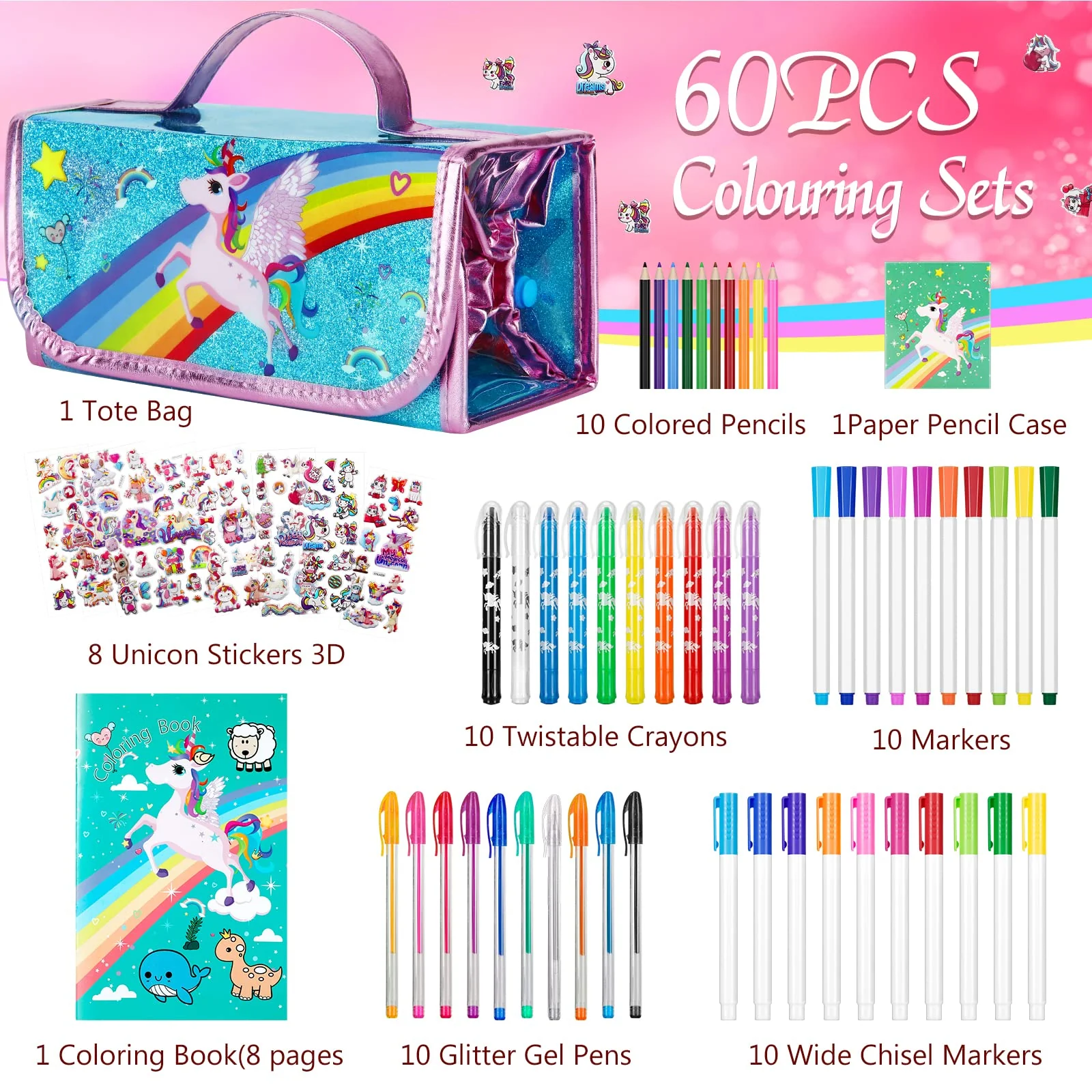 Auney Malset für Kinder 3 4 5 6-9 Jahre,Malkoffer für Kinder,Federmäppchen Mädchen Schreibset Inklusive Glitzerstifte,Filzstifte,Buntstifte,Malstifte und Gel Stift,Einhorn Geschenke für Mädchen - Image 3