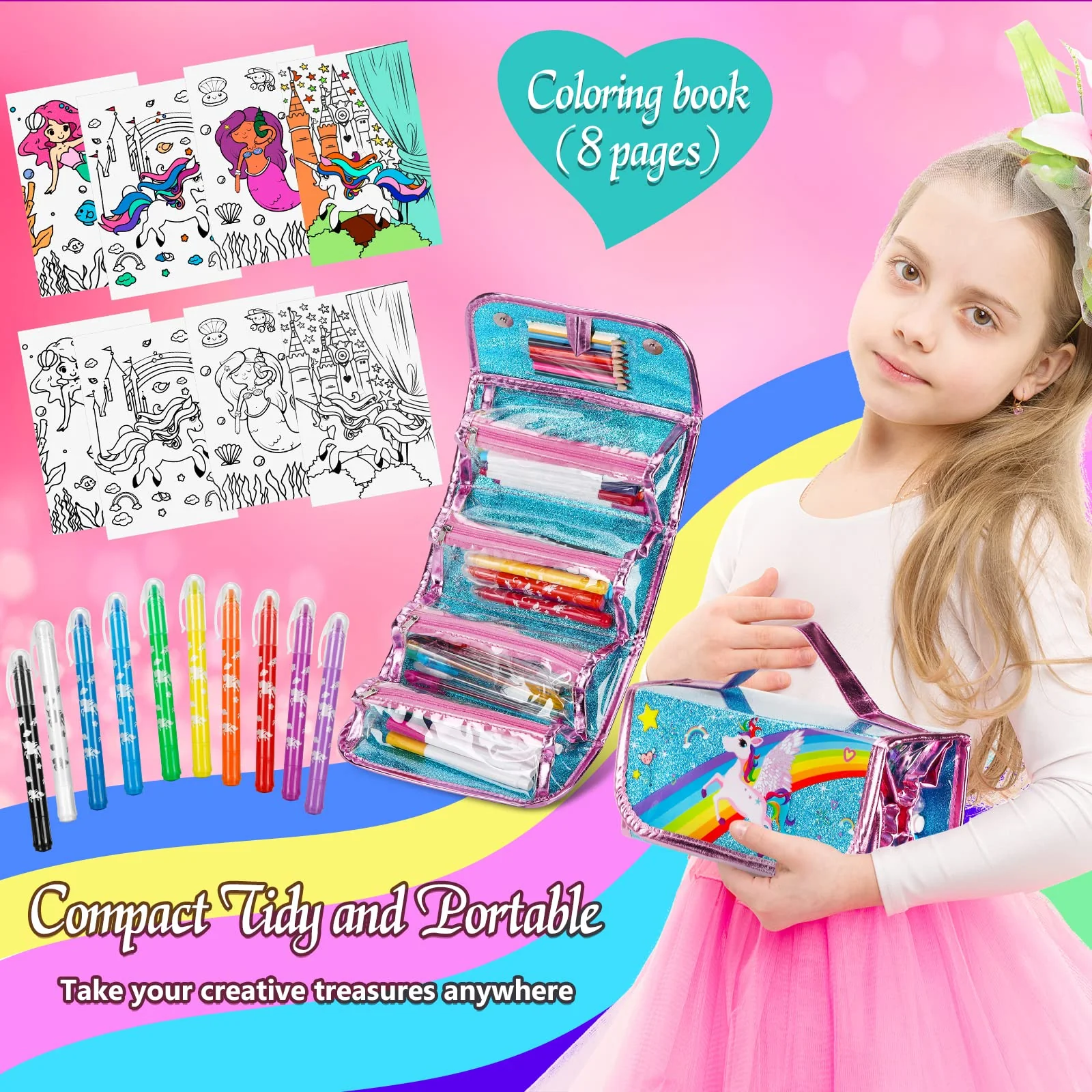 Auney Malset für Kinder 3 4 5 6-9 Jahre,Malkoffer für Kinder,Federmäppchen Mädchen Schreibset Inklusive Glitzerstifte,Filzstifte,Buntstifte,Malstifte und Gel Stift,Einhorn Geschenke für Mädchen - Image 6