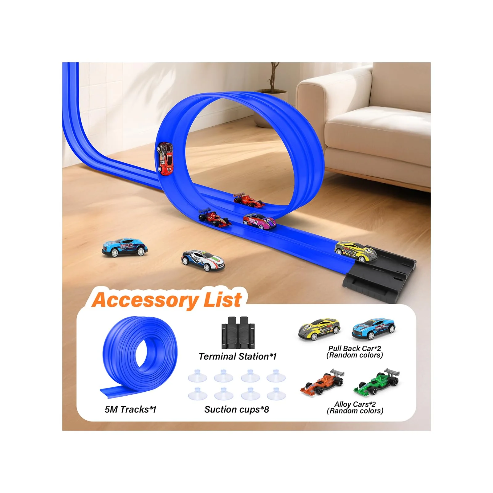 Autorennbahn 5M Inklusive 4 Autos: KETIEE Flexible Rennstrecke Auto Rennbahn Spielzeug Autobahn Kinder Rollt Auf Tragbare Dual Rennstrecke Rampen für 1/64th Autos für Alter 3+, Blau - Image 2