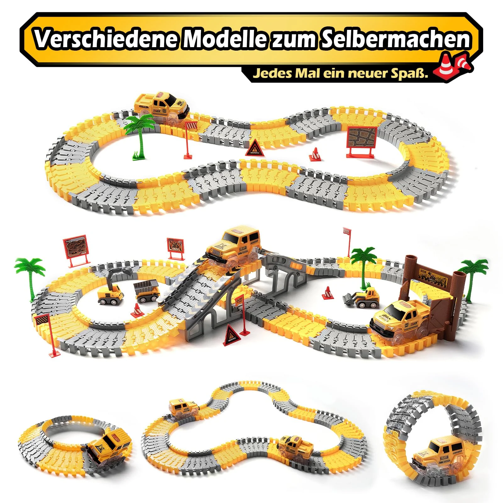 Autorennbahn ab 3 4 5 6 7 8 Jahre, 264 Stück 5 Cars Bagger Spielzeug Autorennbahn Rennbahn 2 Glow Elektroautos,3 Bauwagen,Flexibles DIY Gleis-Set Flexible Track Kran Spiele - Image 2