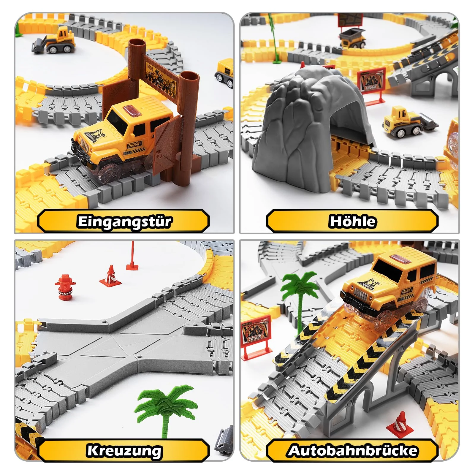 Autorennbahn ab 3 4 5 6 7 8 Jahre, 264 Stück 5 Cars Bagger Spielzeug Autorennbahn Rennbahn 2 Glow Elektroautos,3 Bauwagen,Flexibles DIY Gleis-Set Flexible Track Kran Spiele - Image 3