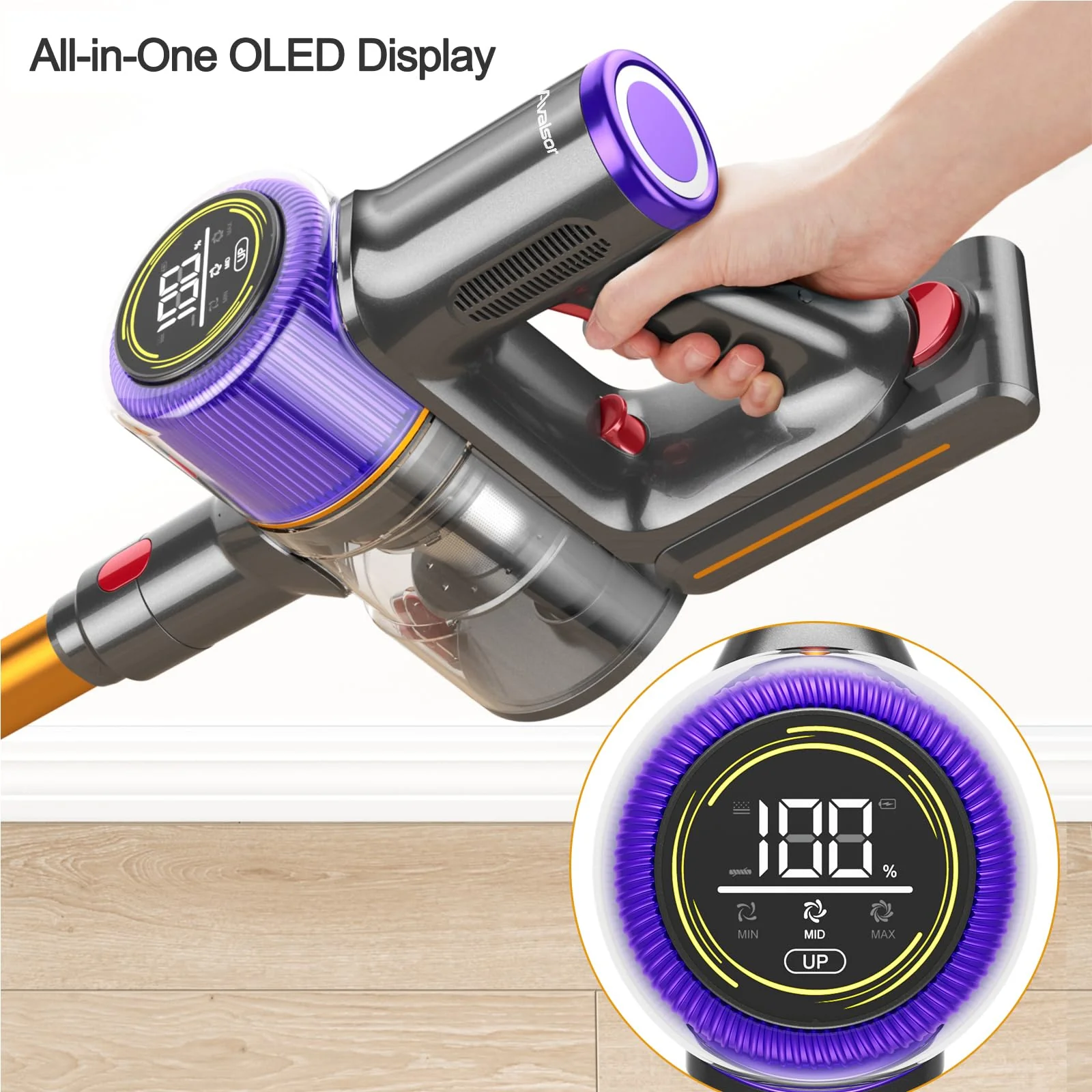 Avalsor 550W/45000Pa/65Mins Akku Staubsauger, Staubsauger Kabellos mit Touchscreen und Anti-Tangle-Bürste, Staubsauger 1.5L Staubbehälter, 9-in-1 für Hartböden, Teppiche und Tierhaare - Image 5