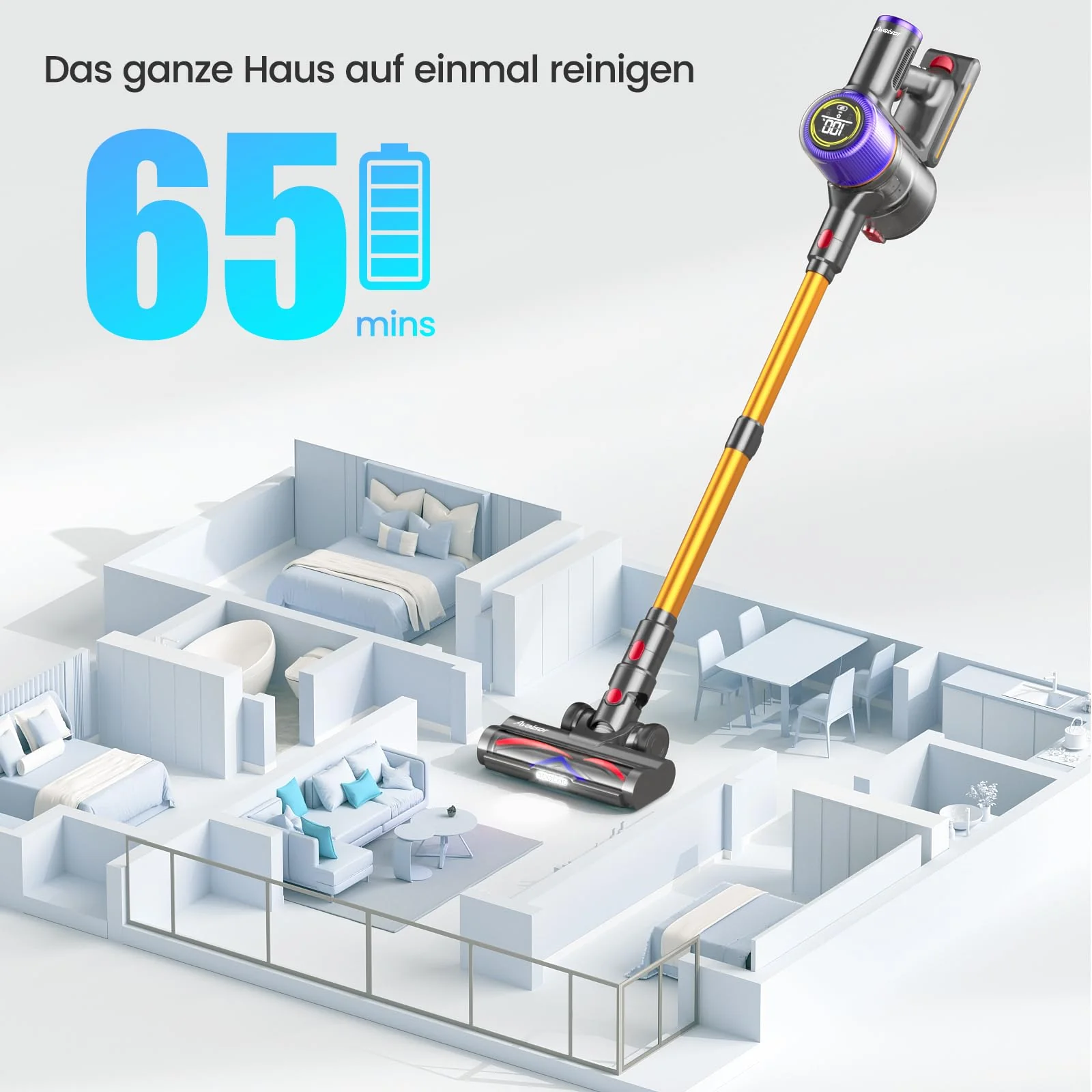 Avalsor 550W/45000Pa/65Mins Akku Staubsauger, Staubsauger Kabellos mit Touchscreen und Anti-Tangle-Bürste, Staubsauger 1.5L Staubbehälter, 9-in-1 für Hartböden, Teppiche und Tierhaare - Image 7