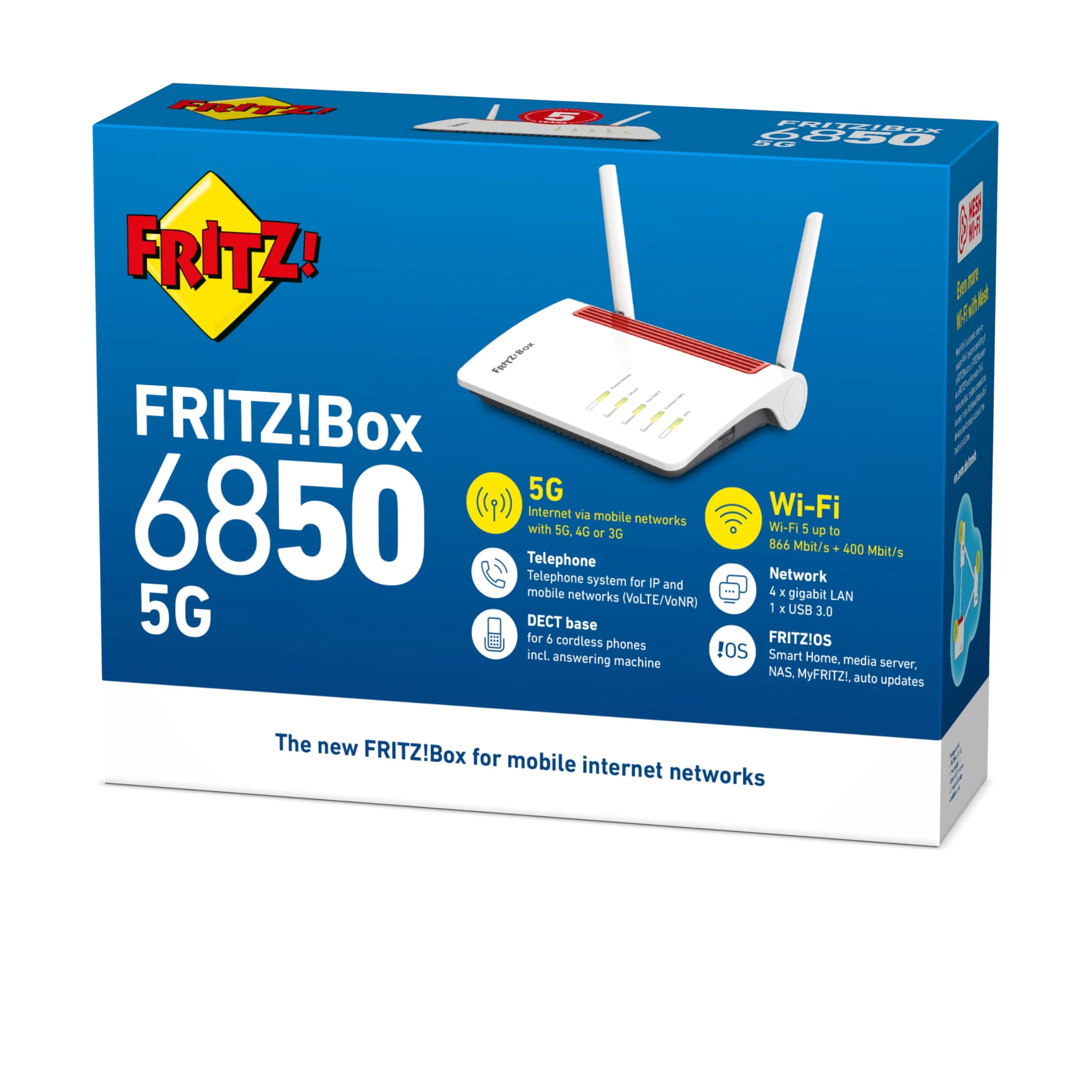 AVM Fritz!Box 6850 5G International (Mobilfunk-Internet bis zu 1.300 MBit/s, WLAN AC+N bis 866 (5 GHz) & 400 (2,4 GHz) MBit/s, 4 x Gigabit-LAN, DECT, USB 3.0, geeignet für Österreich/Schweiz) - Image 3
