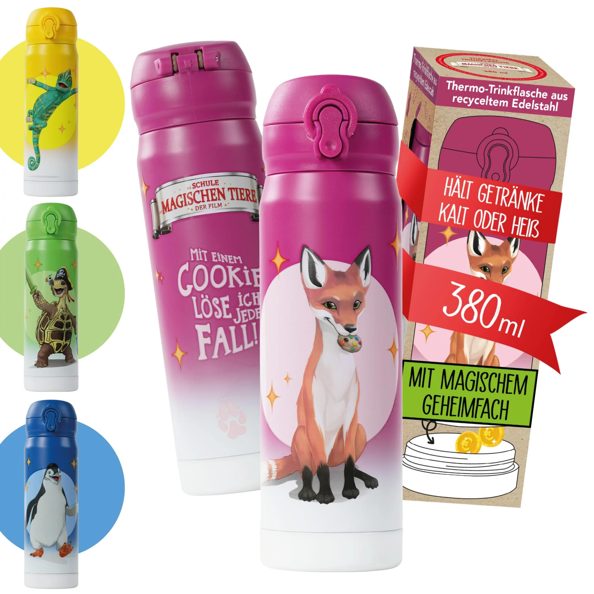 AWAVE Die Schule der Magischen Tiere Edelstahl Trinkflasche Kinder 380 ml Beerenrot Rabbat Wasserflasche Kohlensäure geeignet Auslaufsicher Thermosflasche