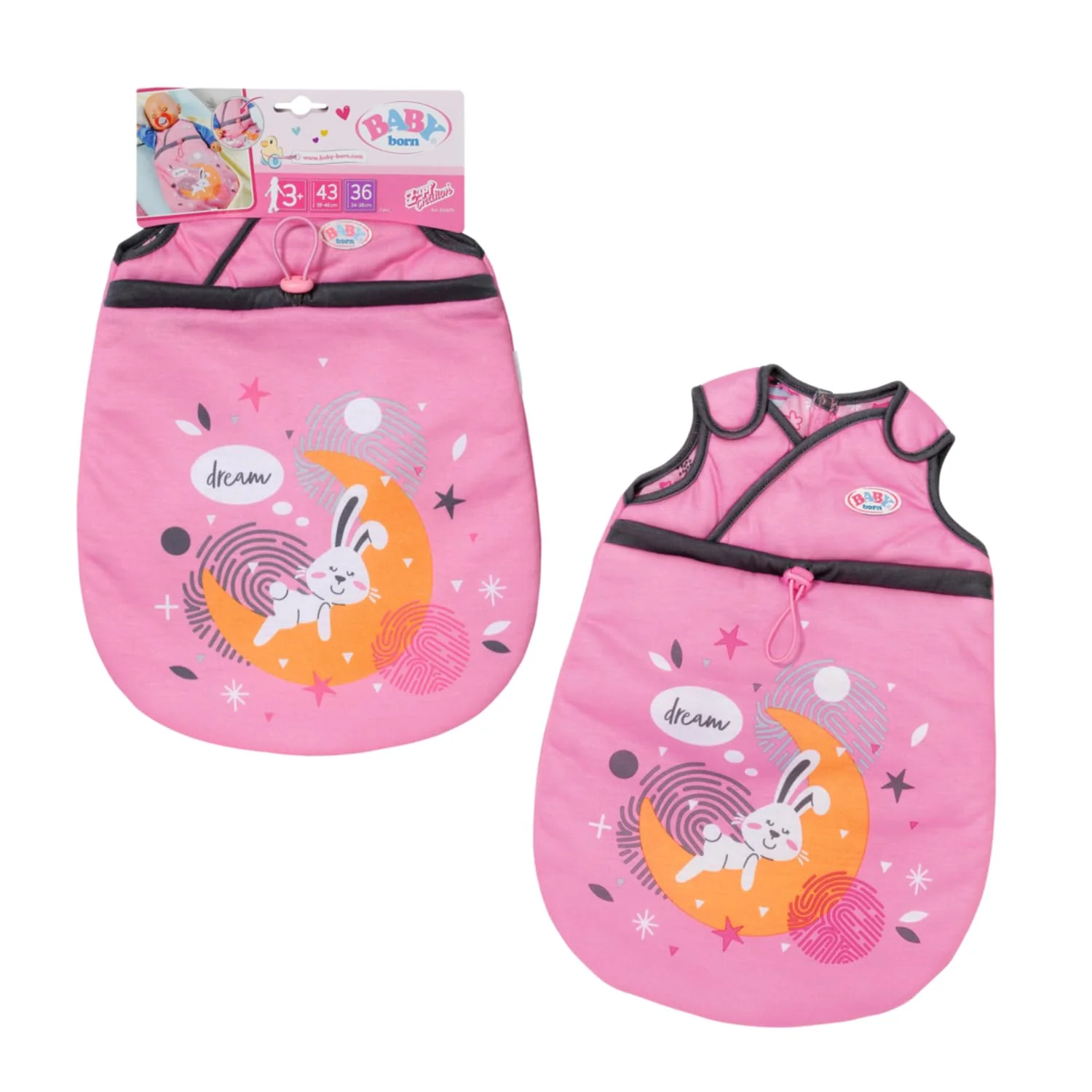 BABY born 832479 Schlafsack - Puppenschlafsack rosa grau mit Klettverschluss an den Trägern, für 36cm und 43 cm große Puppen geeignet