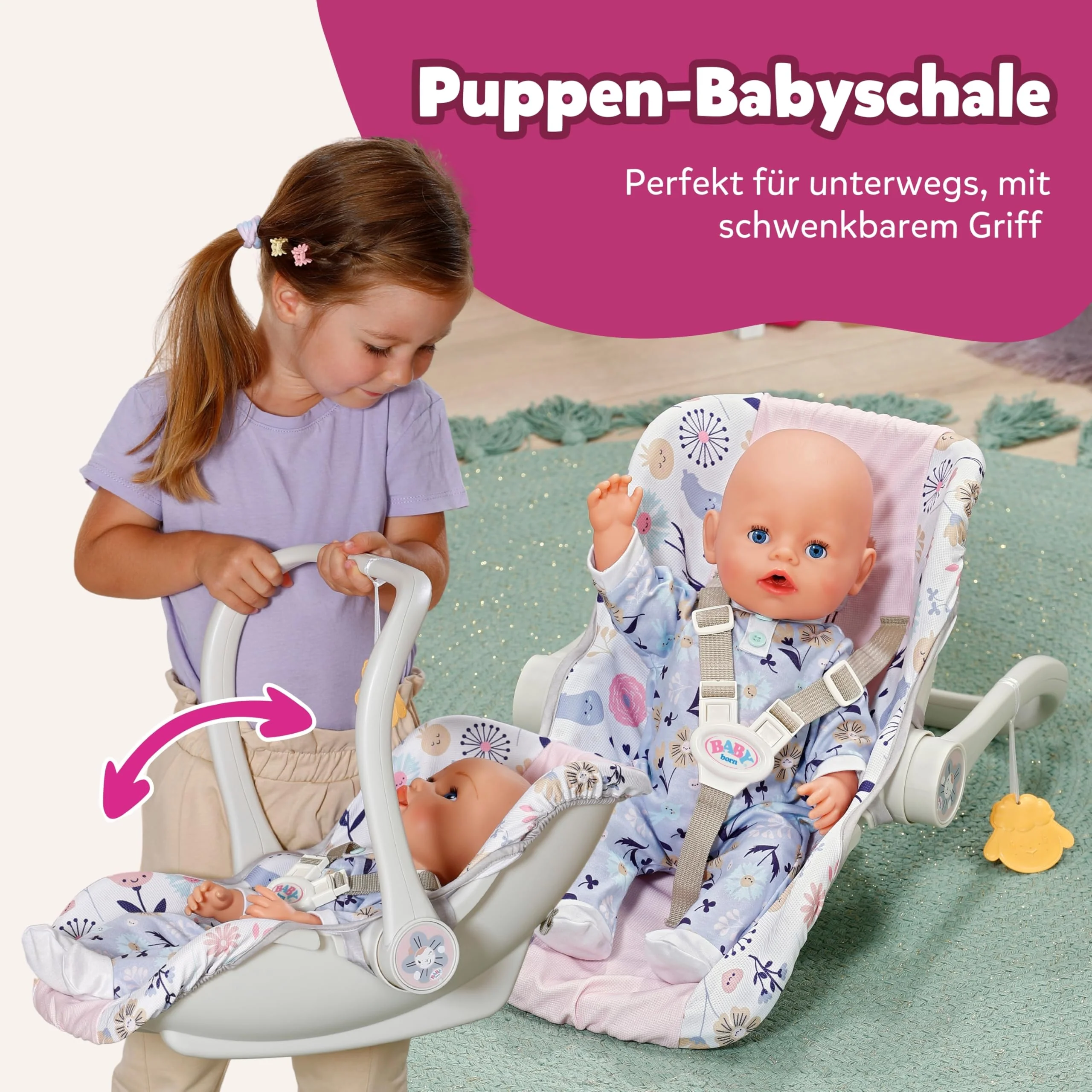 BABY born Babyschale für Puppen der Größe 36 cm & 43 cm - Mit Blumenmotiv, schwenkbaren Tragegriff & 3-Punkt-Gurt - Hochwertiges Puppenzubehör - Image 9