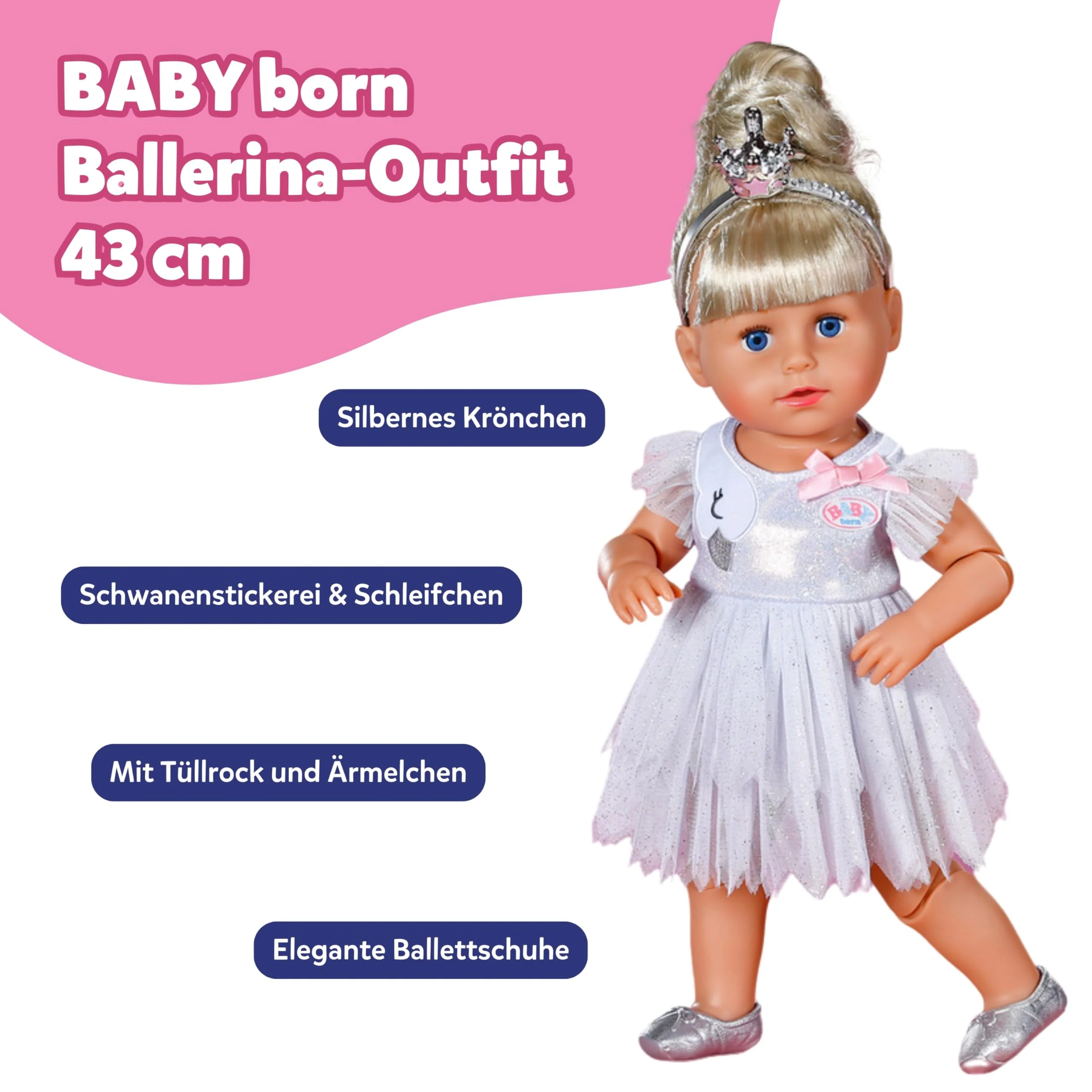BABY born Ballerina-Outfit - Body & Tüll-Rock mit Schwanen-Stickerei - Inkl. Haarreif mit Krone & Schuhen - Hochwertiges Puppenzubehör - Kleidung geeignet für Puppen der Größe 43 cm - Image 7